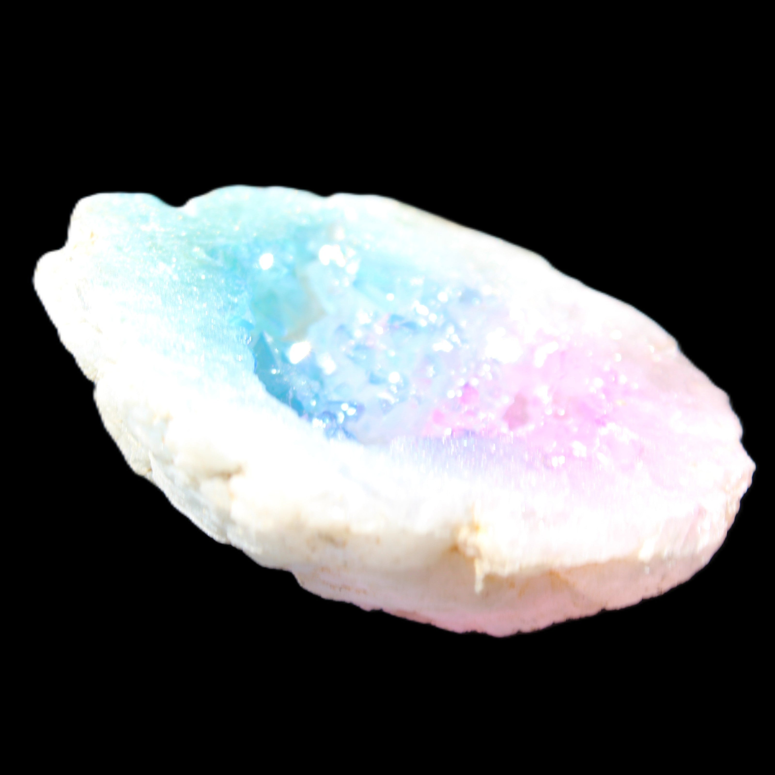 Angel Aura Agate geode 51mm 45/54g in sunlight - Rocks and Things Store