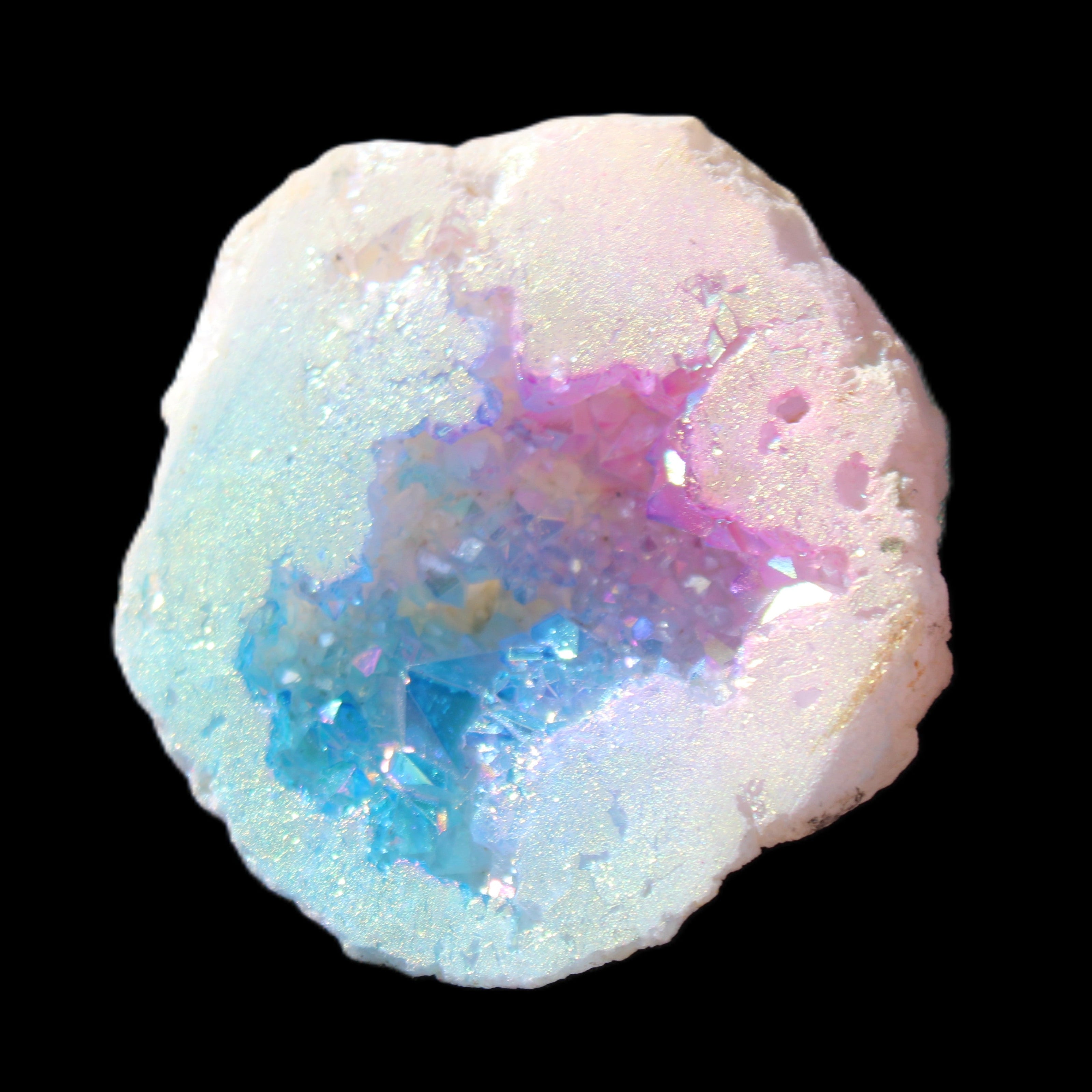 Angel Aura Agate geode 51mm 45/54g in sunlight - Rocks and Things Store