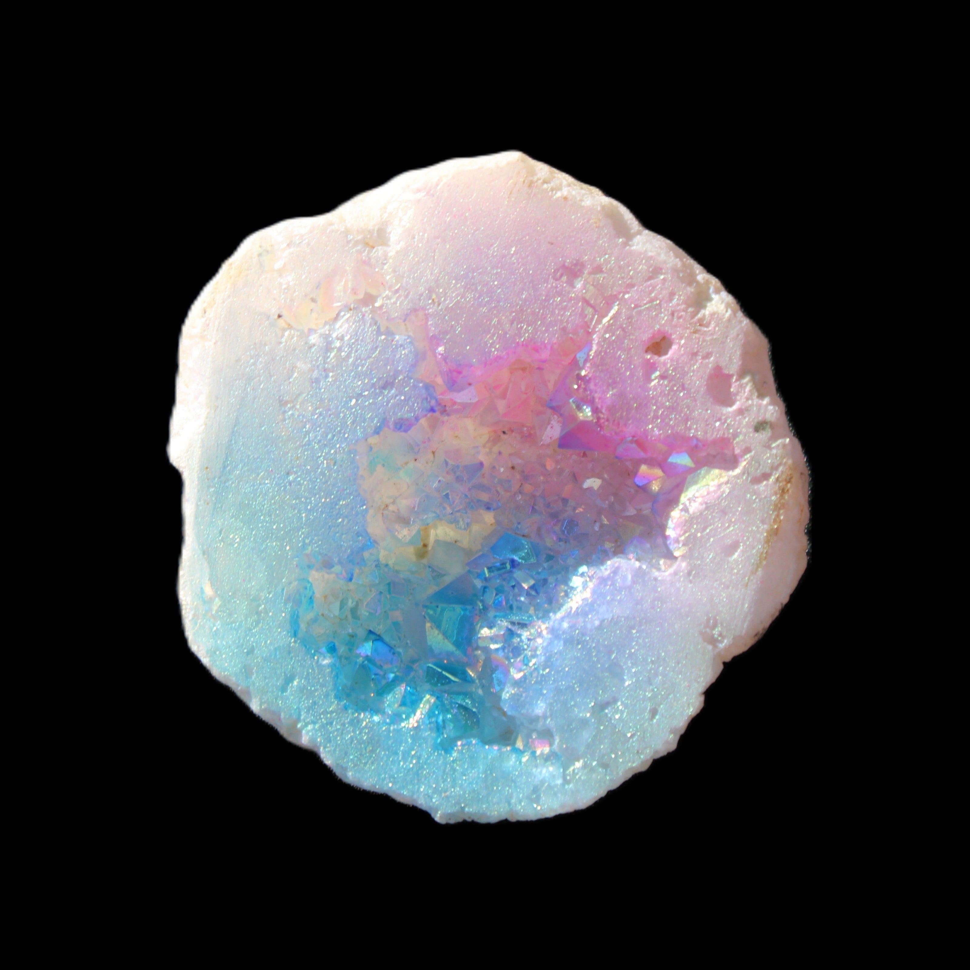 Angel Aura Agate geode 51mm 45/54g in sunlight - Rocks and Things Store