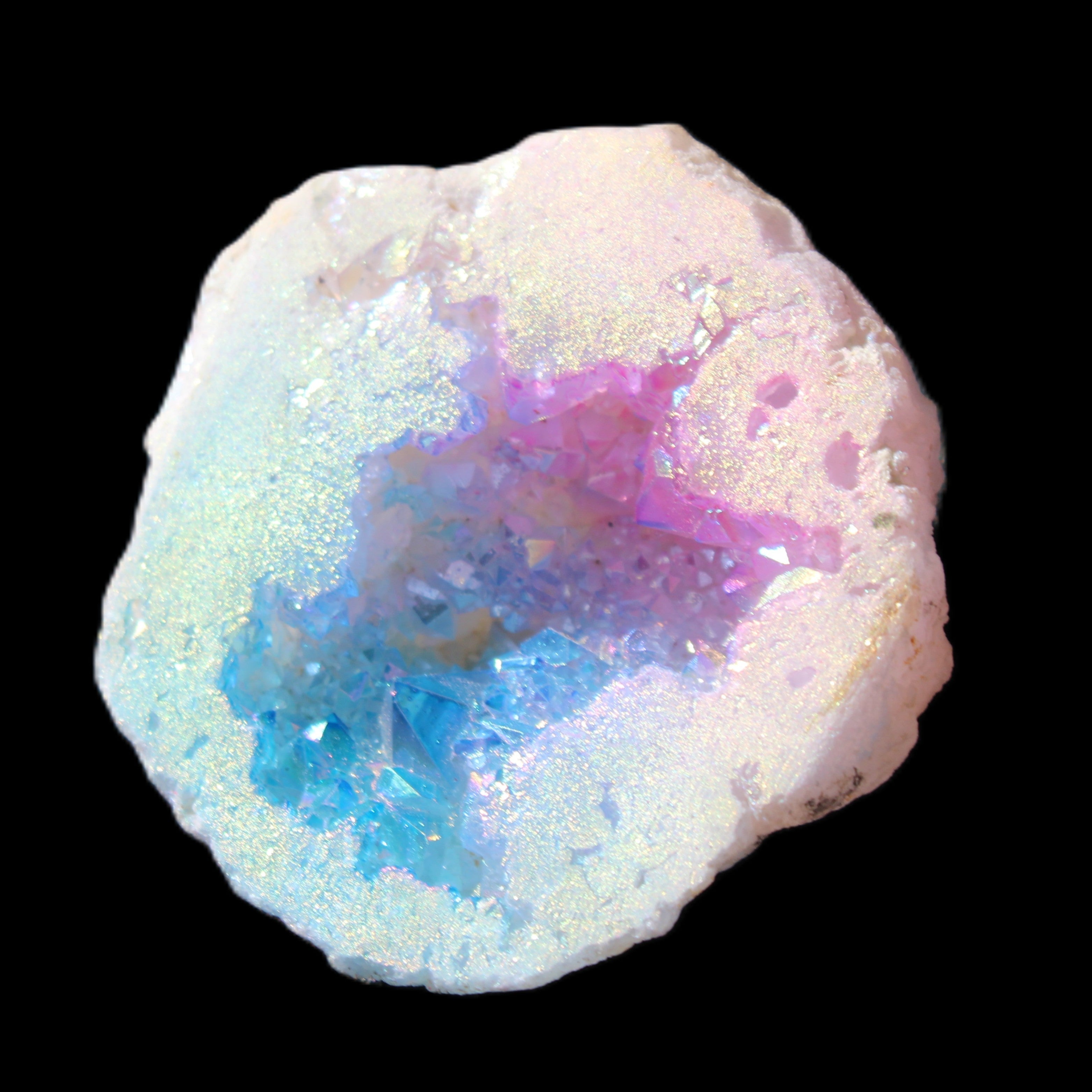 Angel Aura Agate geode 51mm 45/54g in sunlight - Rocks and Things Store