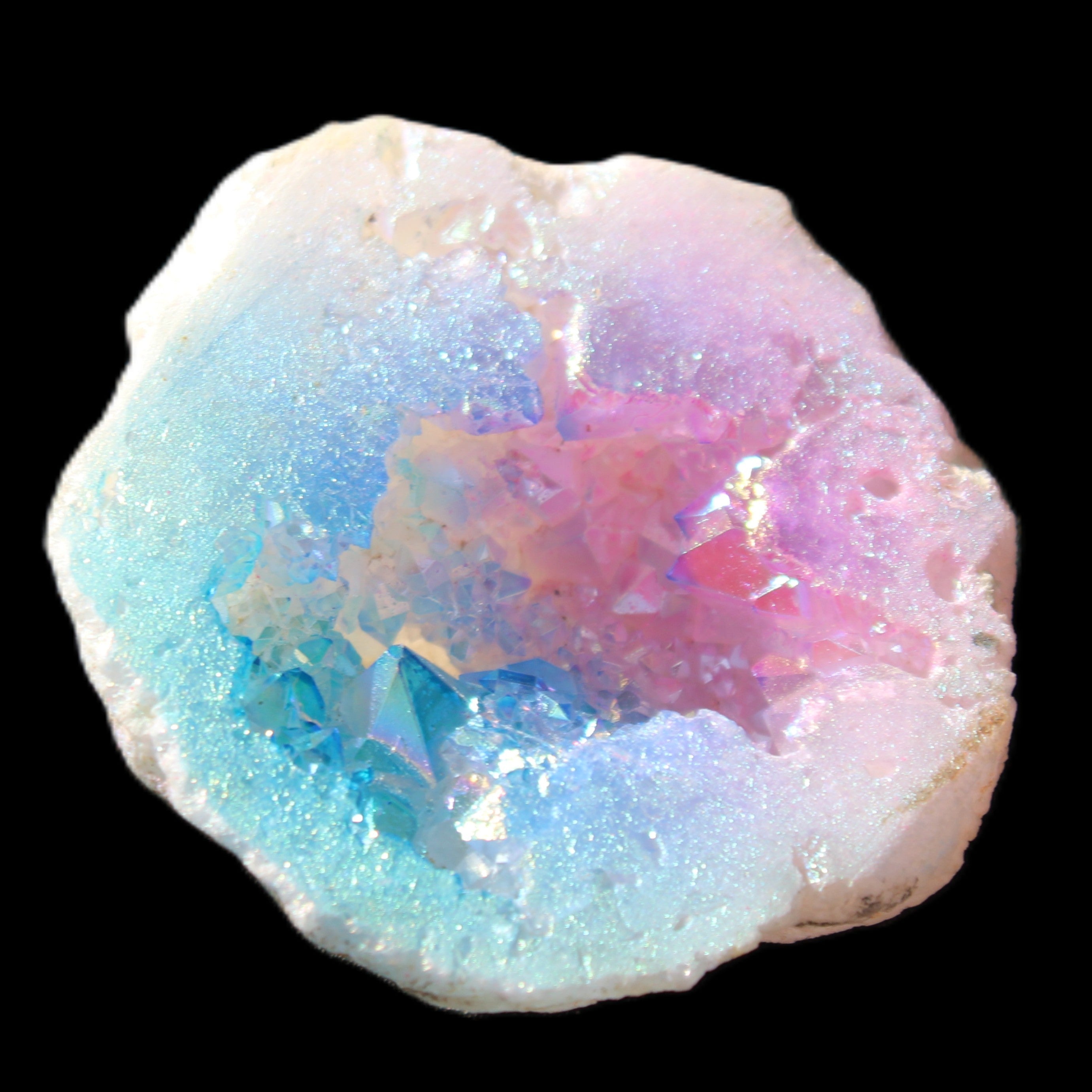 Angel Aura Agate geode 51mm 45/54g in sunlight - Rocks and Things Store