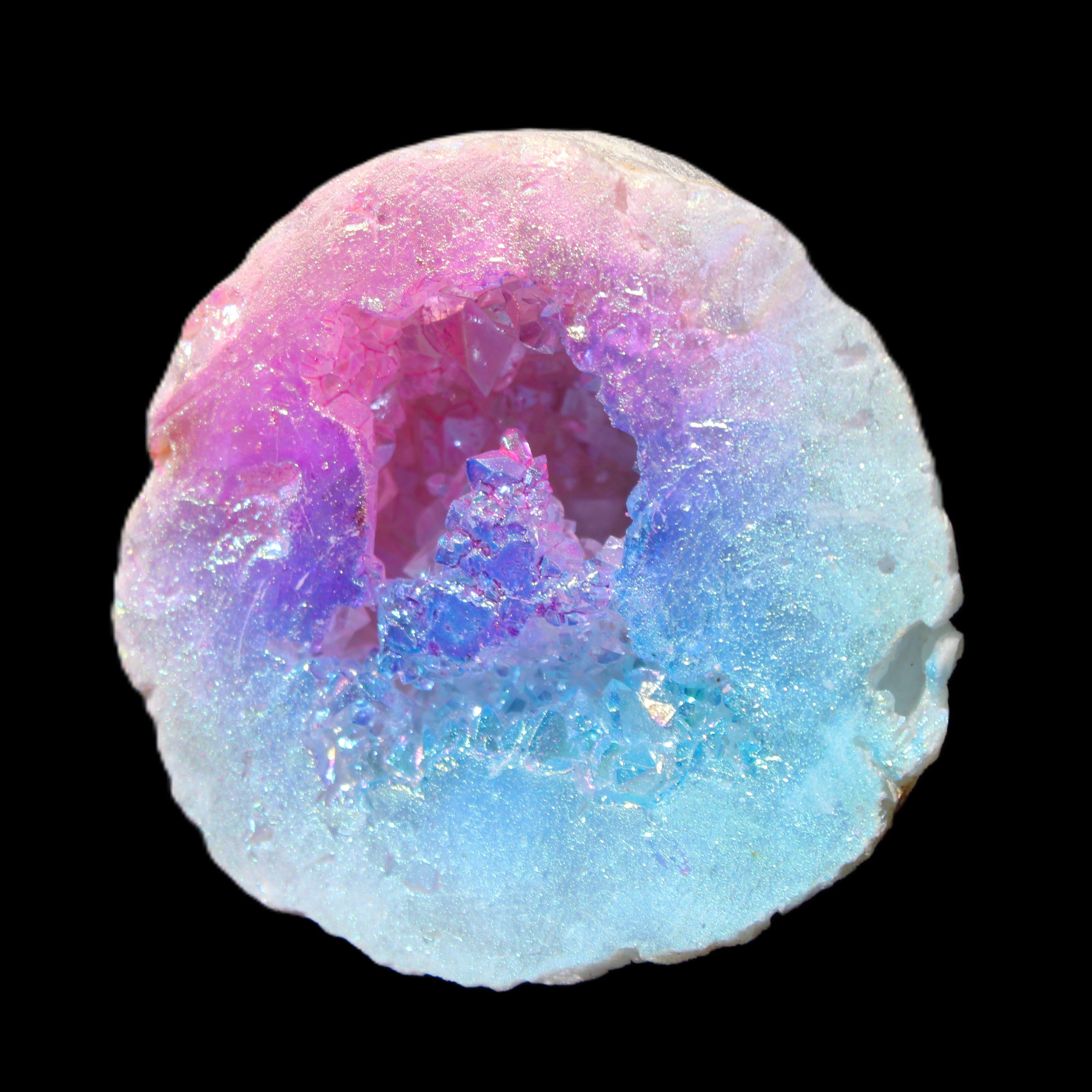 Angel Aura Agate geode 51mm 45/54g in sunlight - Rocks and Things Store