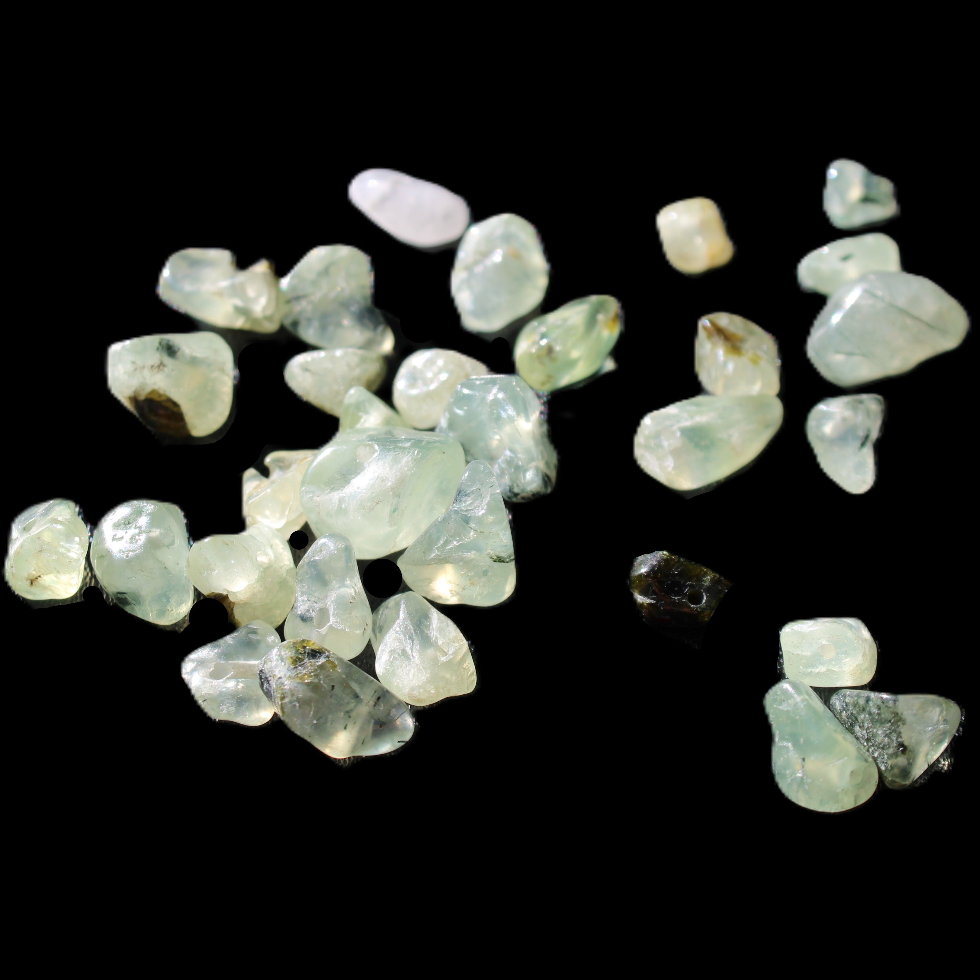 Prehnite 32 tiny drilled beads in bright sunshine - Rocks and Things Store