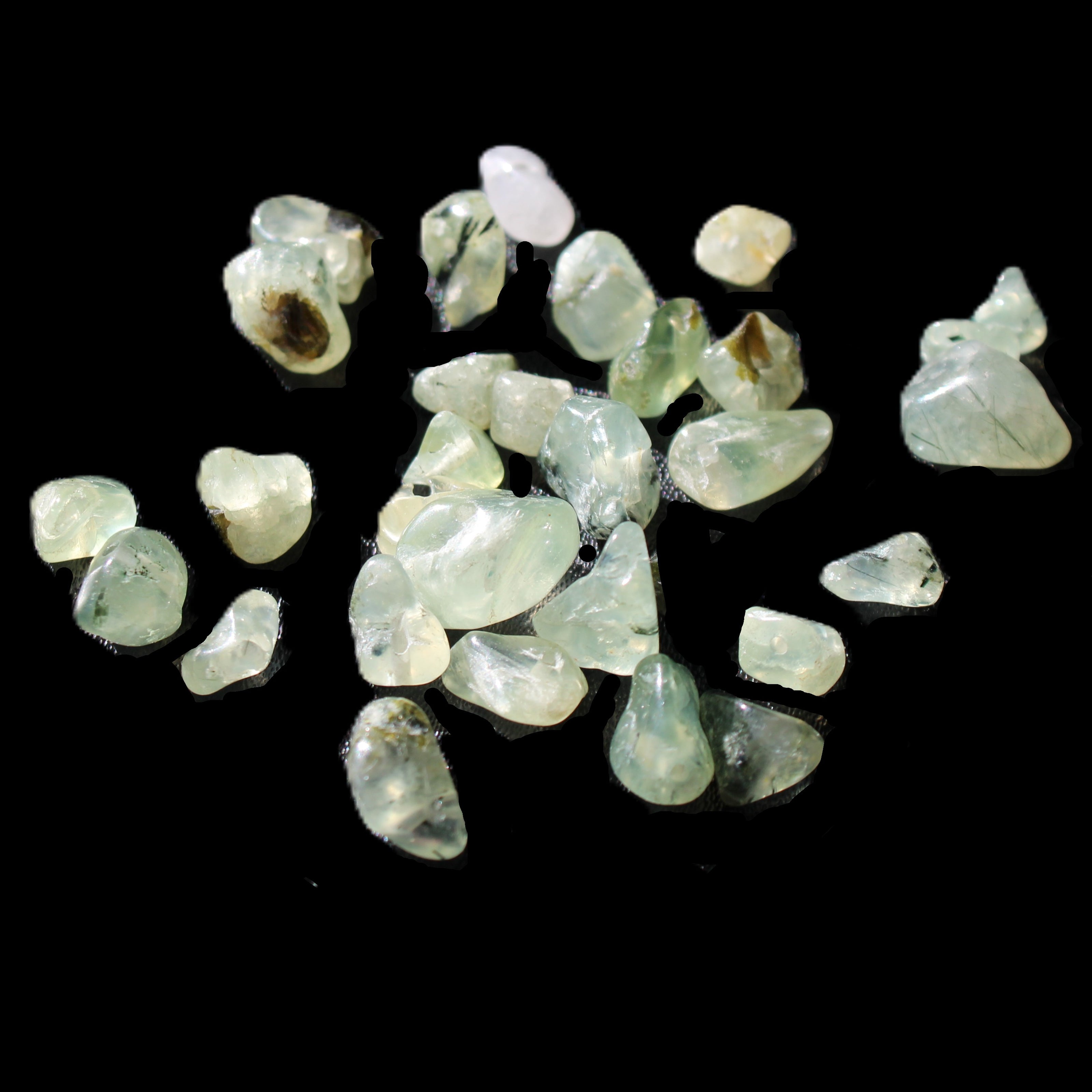 Prehnite 32 tiny drilled beads in bright sunshine - Rocks and Things Store