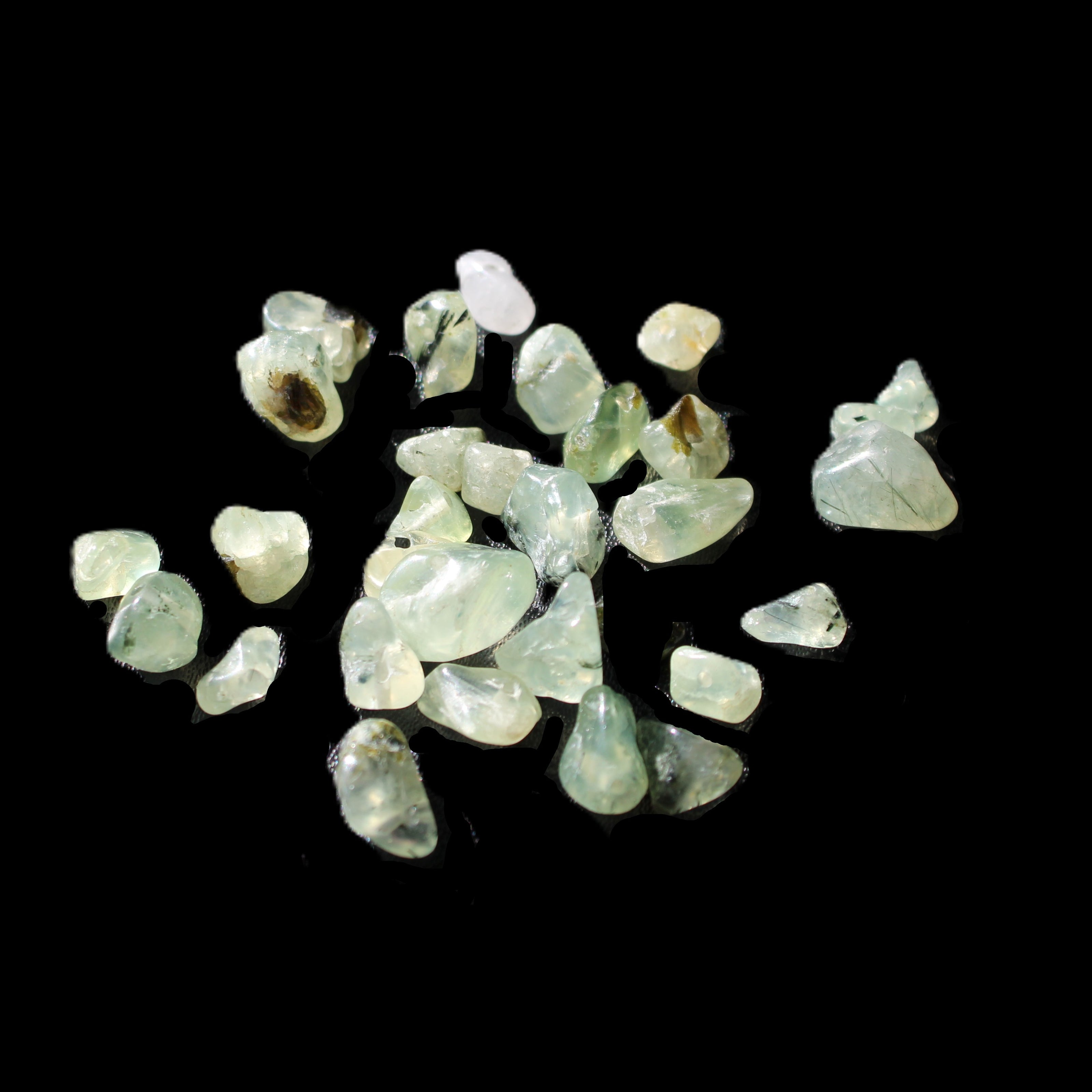 Prehnite 32 tiny drilled beads in bright sunshine - Rocks and Things Store