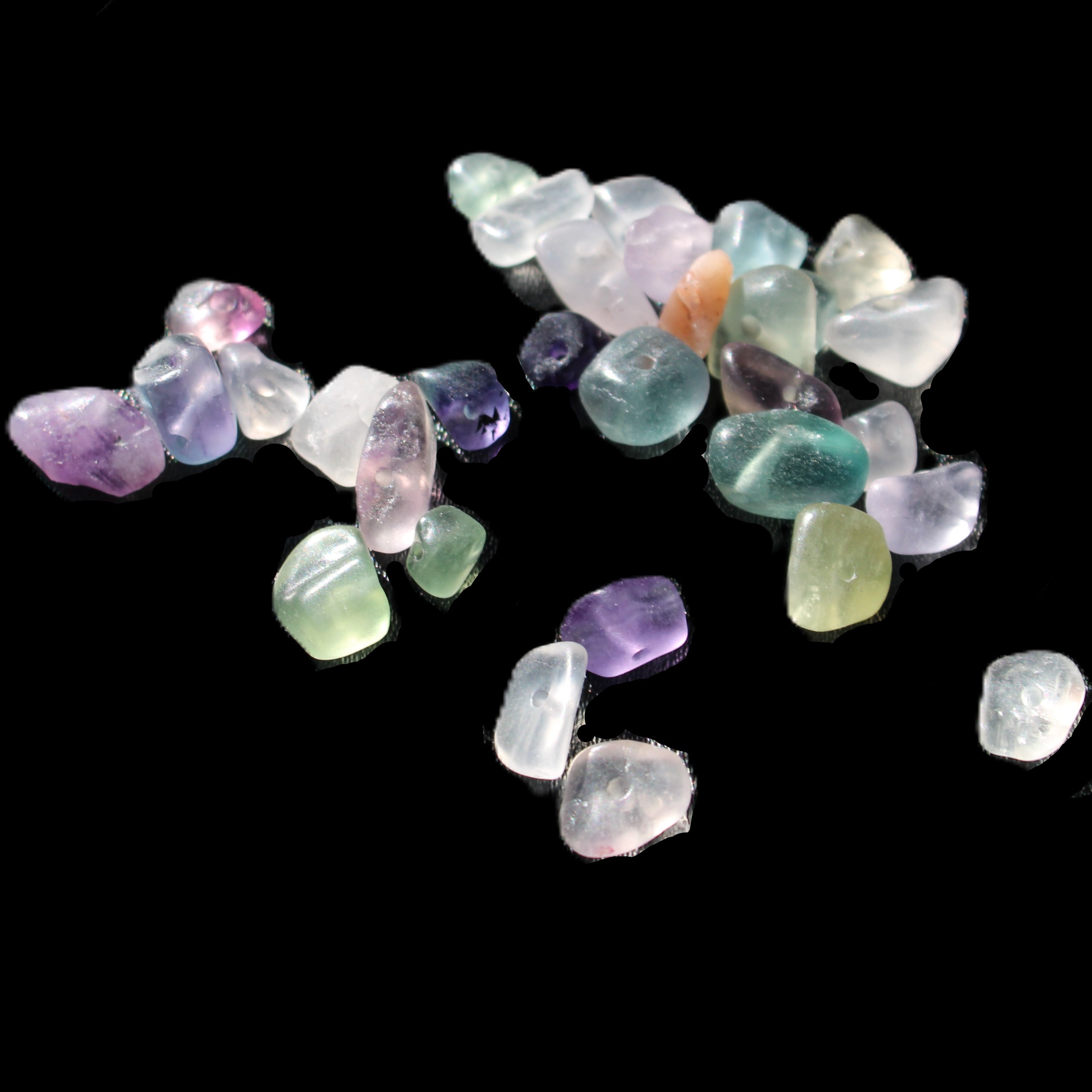 Fluorite 32 tiny drilled beads in bright sunlight - Rocks and Things Store