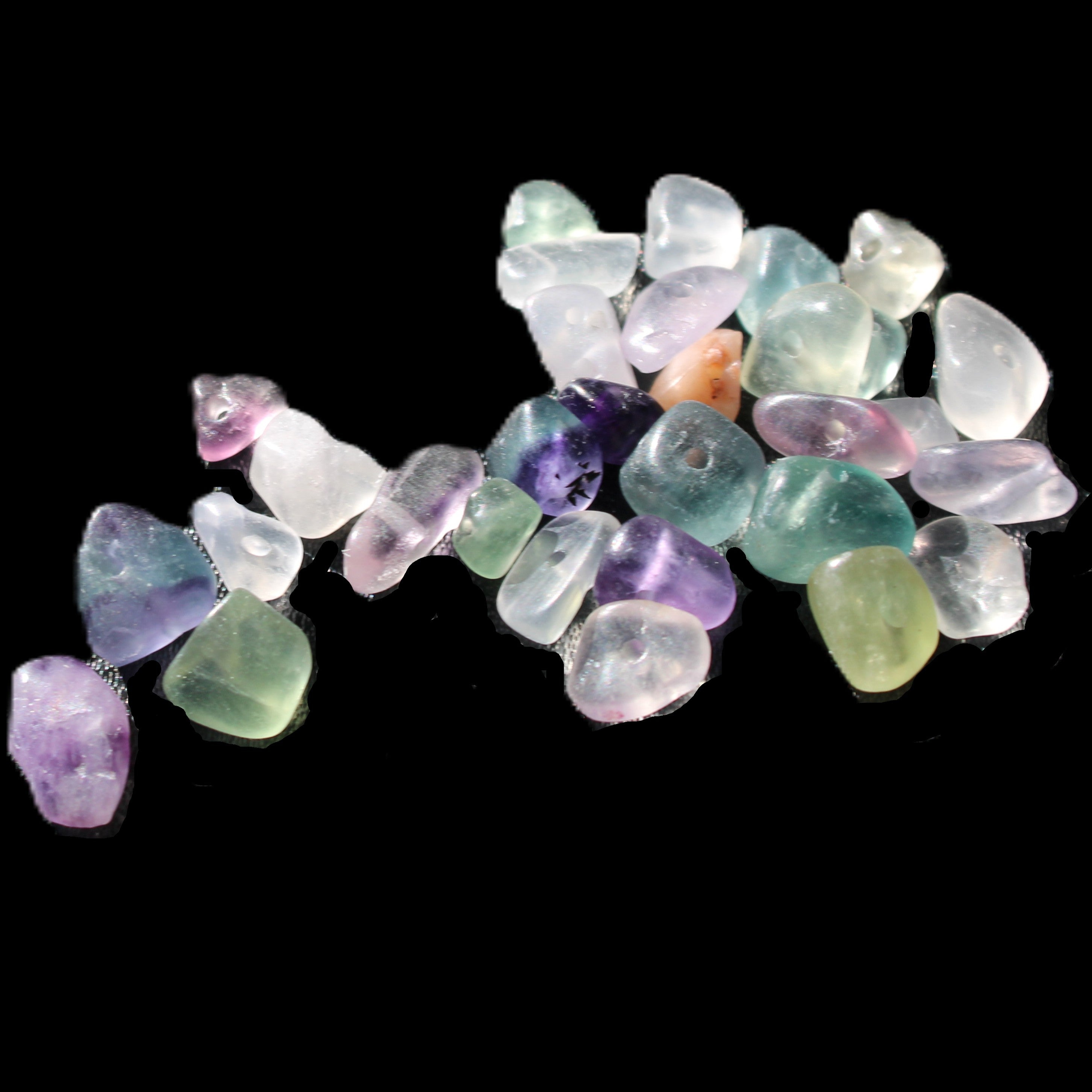 Fluorite 32 tiny drilled beads in bright sunlight - Rocks and Things Store
