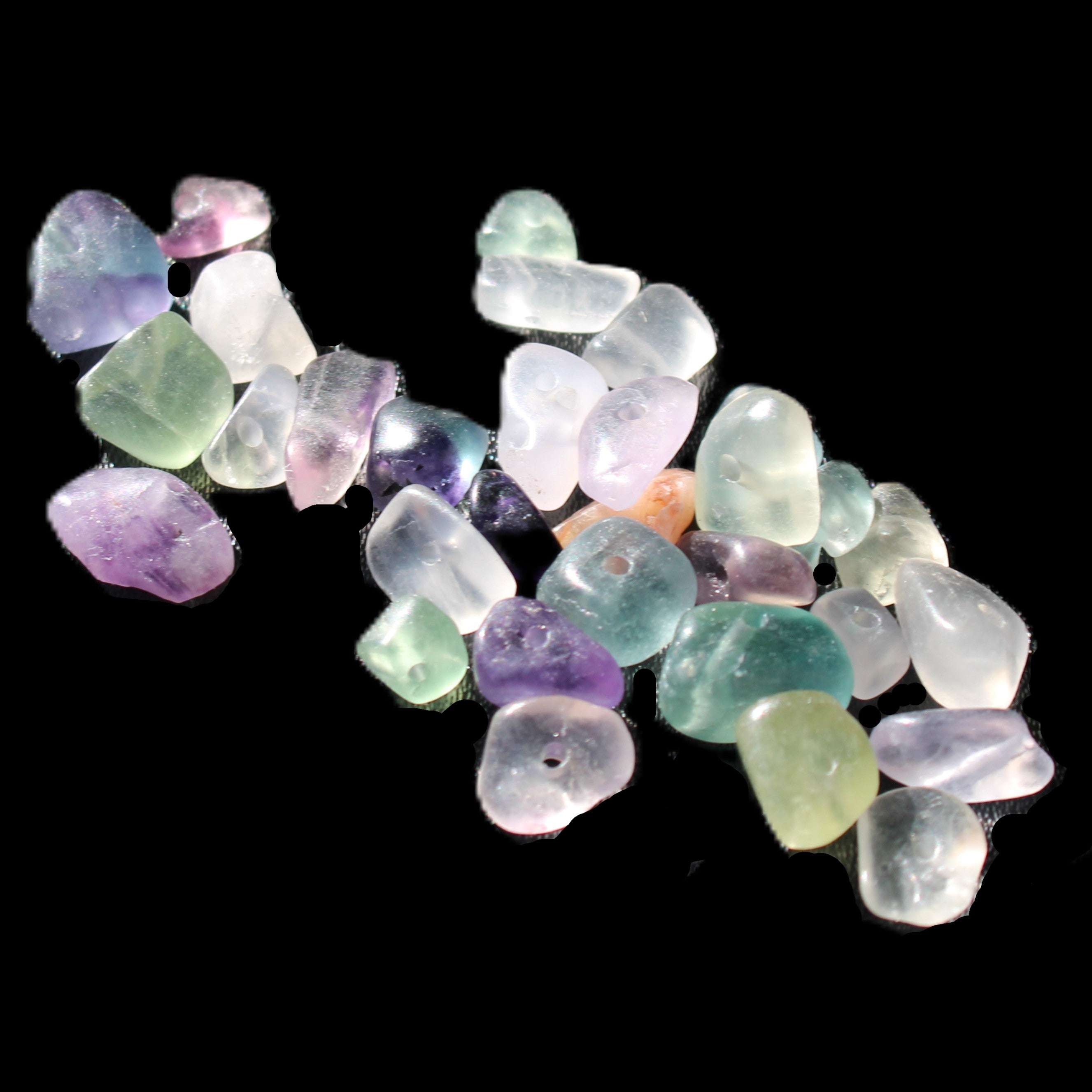 Fluorite 32 tiny drilled beads in bright sunlight - Rocks and Things Store