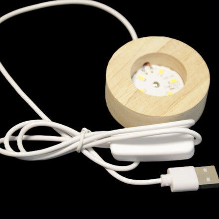 Round wooden 6 LED light base warm white 60mm USB with switch 56g in sunlight - Rocks and Things Store