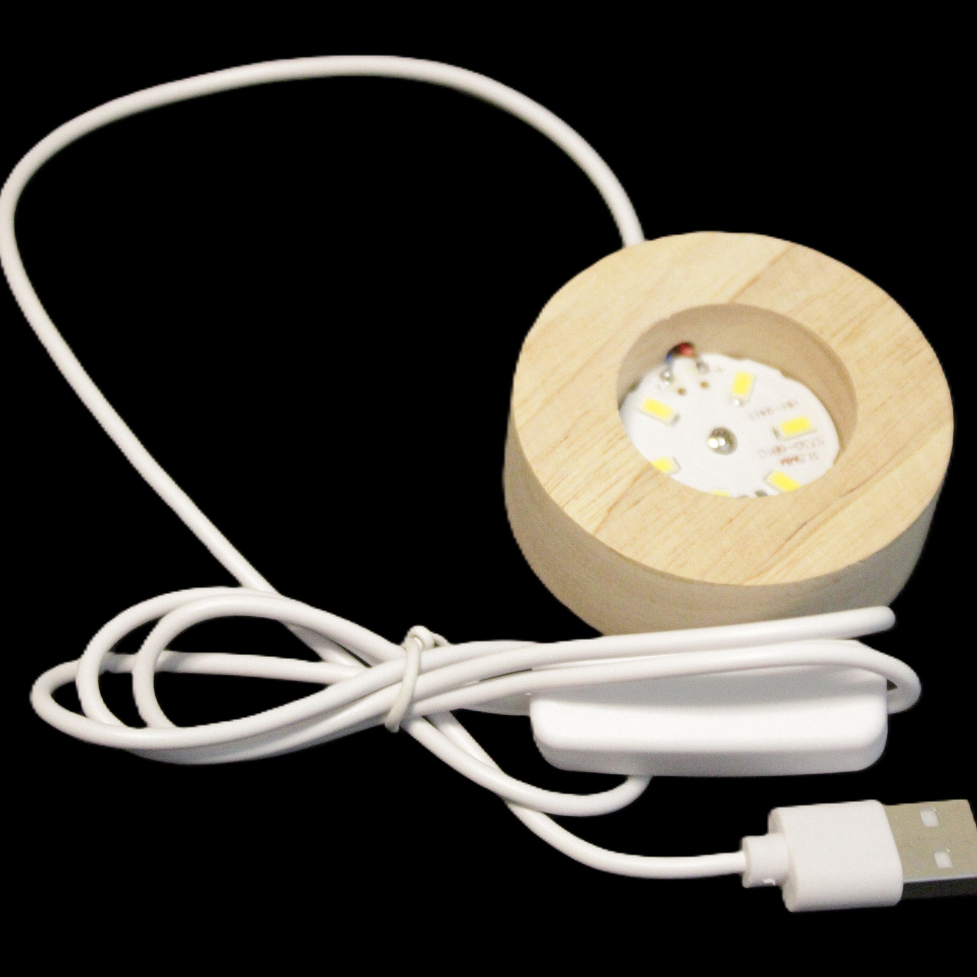 Round wooden 6 LED light base warm white 60mm USB with switch 56g in sunlight - Rocks and Things Store