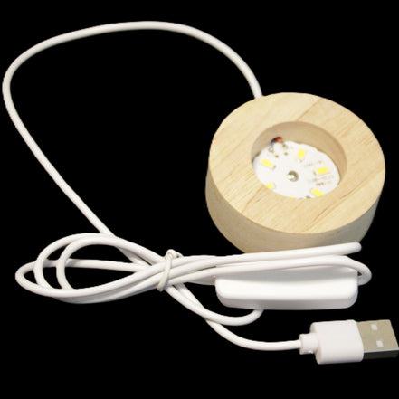 Round wooden 6 LED light base warm white 60mm USB with switch 56g in sunlight - Rocks and Things Store