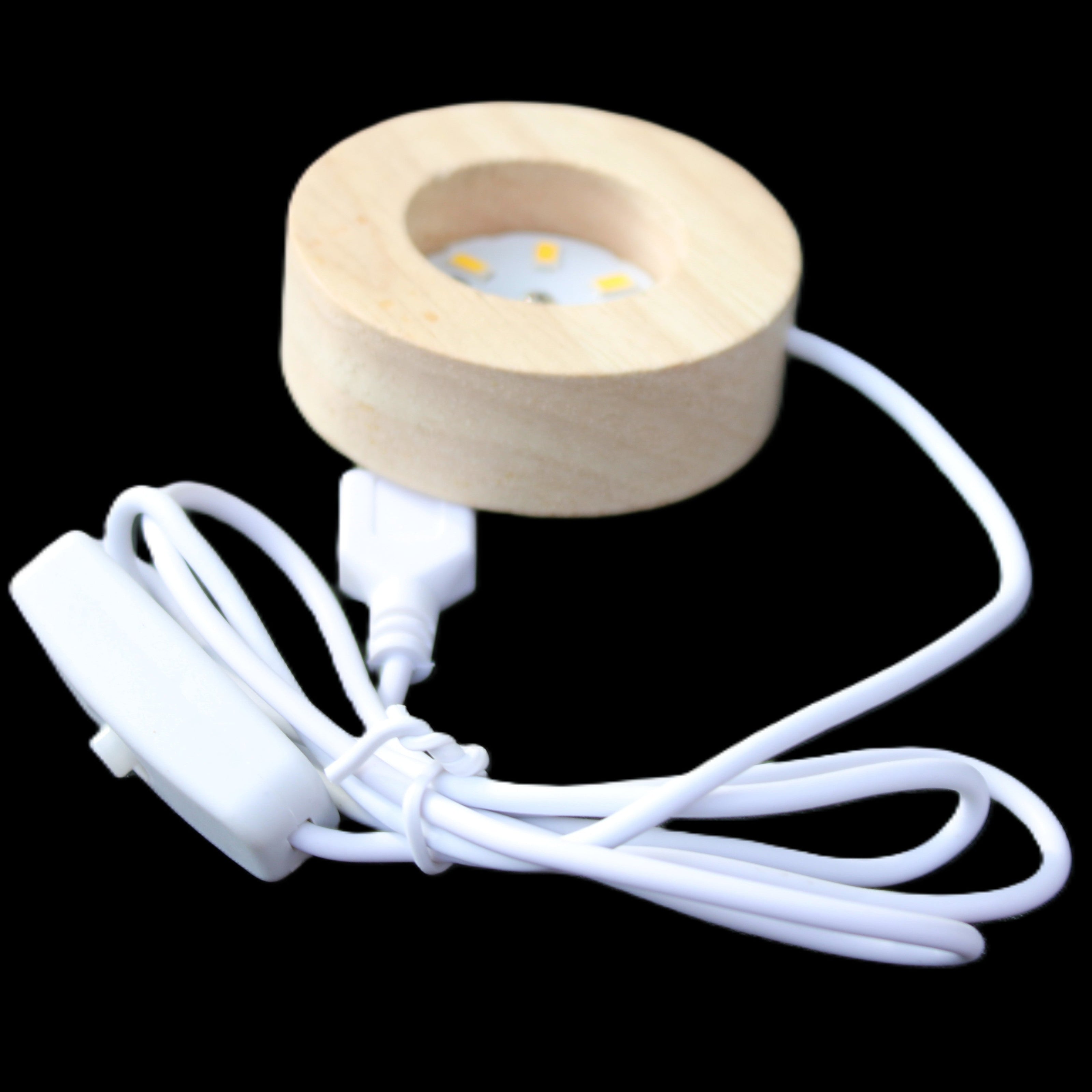 Round wooden 6 LED light base warm white 60mm USB with switch 56g in sunlight - Rocks and Things Store