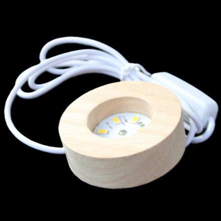 Round wooden 6 LED light base warm white 60mm USB with switch 56g in sunlight - Rocks and Things Store