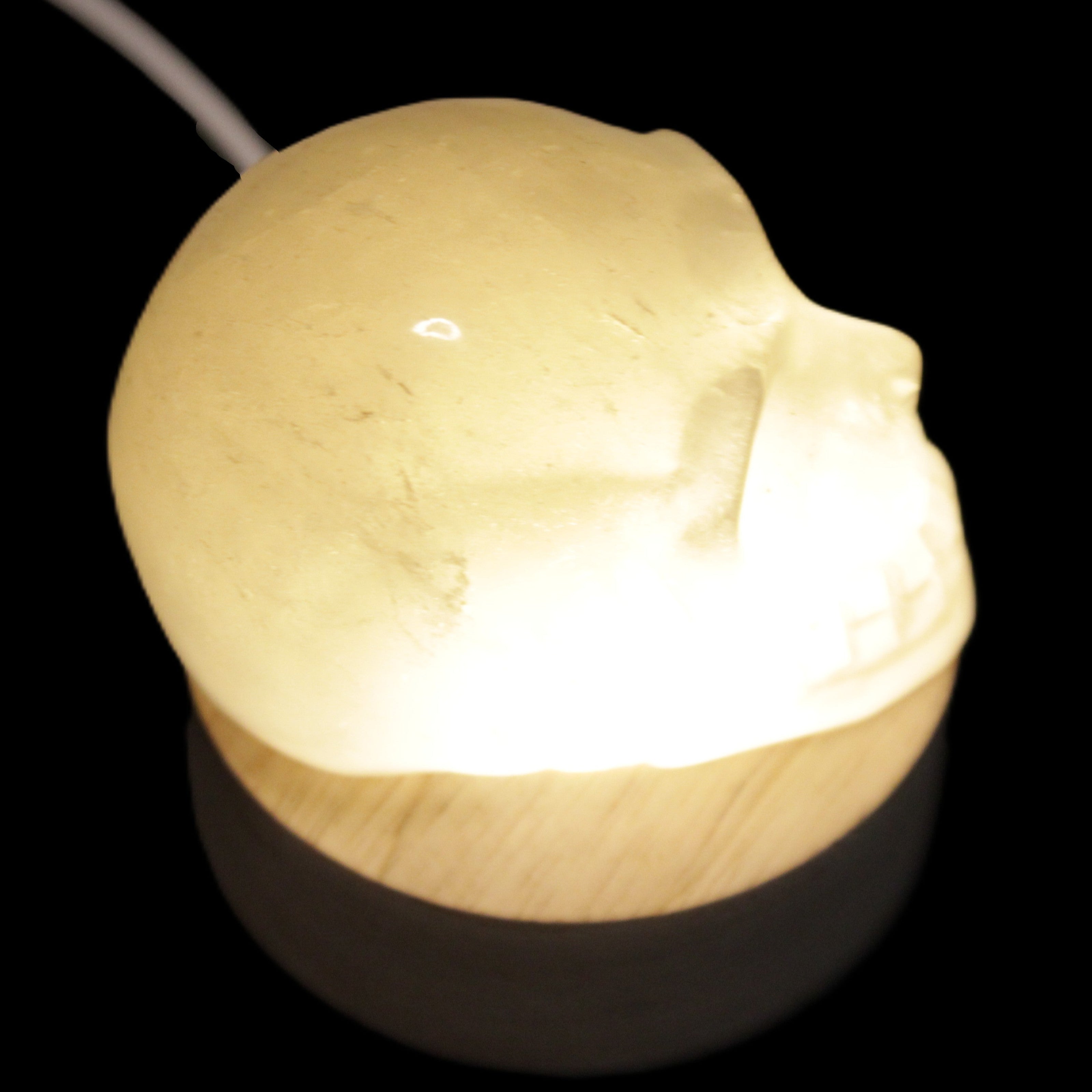 Round wooden 6 LED light base warm white 60mm USB with switch 56g in sunlight - Rocks and Things Store