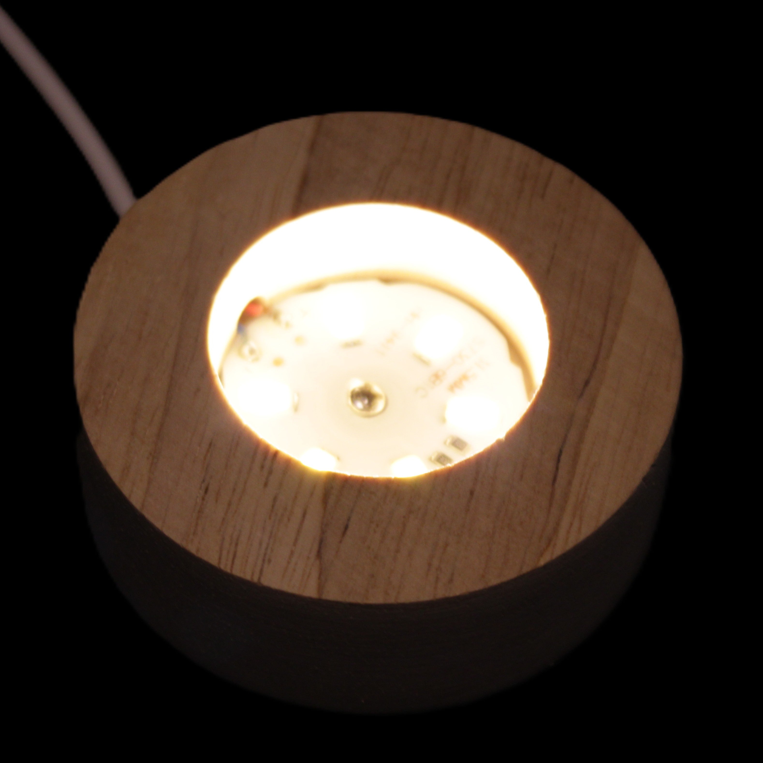 Round wooden 6 LED light base warm white 60mm USB with switch 56g in sunlight - Rocks and Things Store