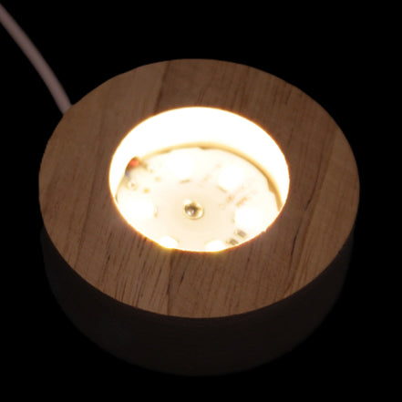 Round wooden 6 LED light base warm white 60mm USB with switch 56g in sunlight - Rocks and Things Store