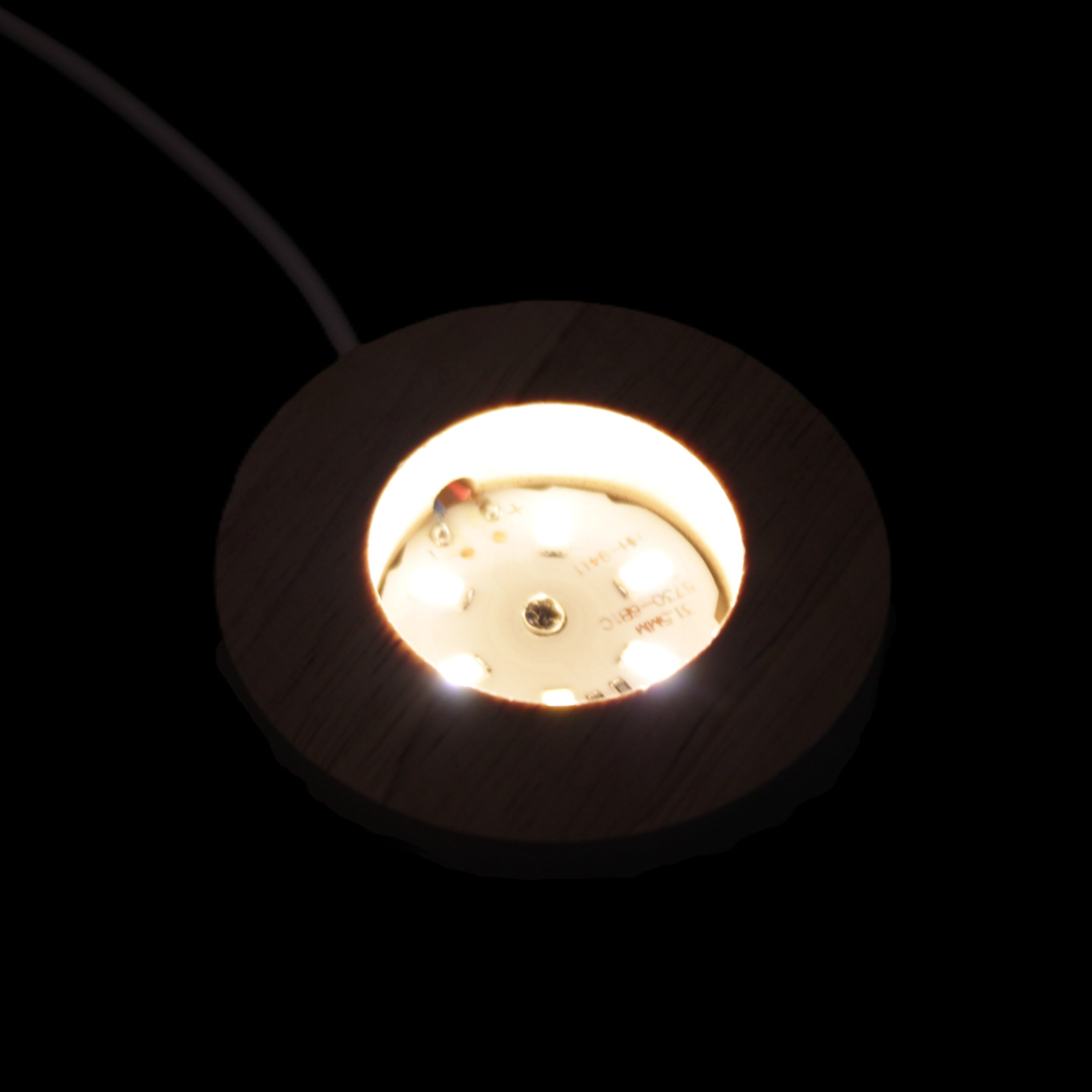 Round wooden 6 LED light base warm white 60mm USB with switch 56g in sunlight - Rocks and Things Store