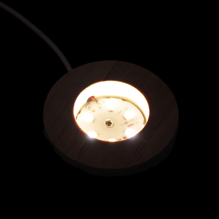 Round wooden 6 LED light base warm white 60mm USB with switch 56g in sunlight - Rocks and Things Store