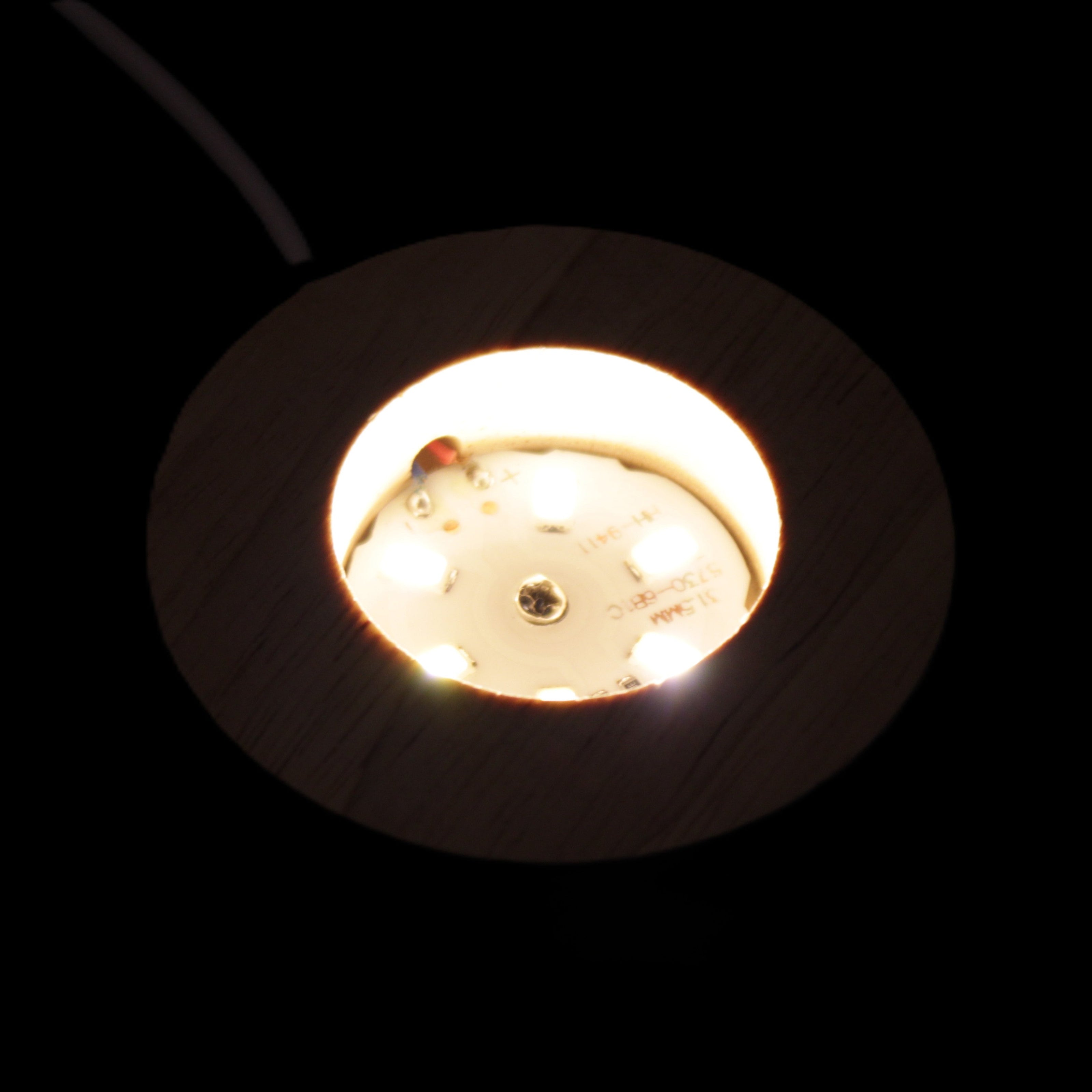 Round wooden 6 LED light base warm white 60mm USB with switch 56g in sunlight - Rocks and Things Store