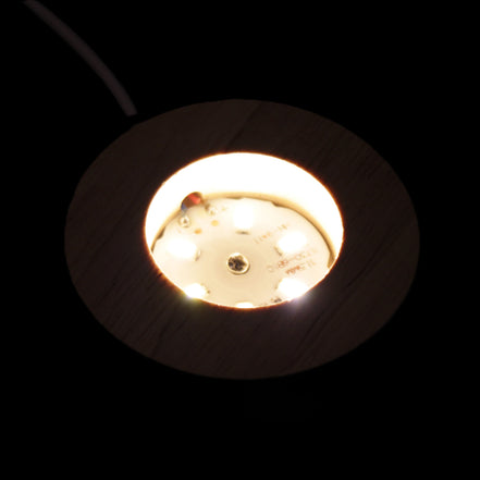 Round wooden 6 LED light base warm white 60mm USB with switch 56g in sunlight - Rocks and Things Store
