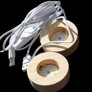 Round wooden 6 LED light base warm white 60mm USB with switch 56g in sunlight - Rocks and Things Store