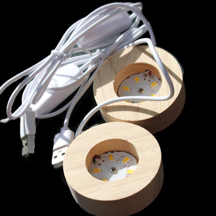 Round wooden 6 LED light base warm white 60mm USB with switch 56g in sunlight - Rocks and Things Store
