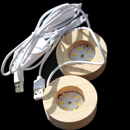 Round wooden 6 LED light base warm white 60mm USB with switch 56g in sunlight - Rocks and Things Store