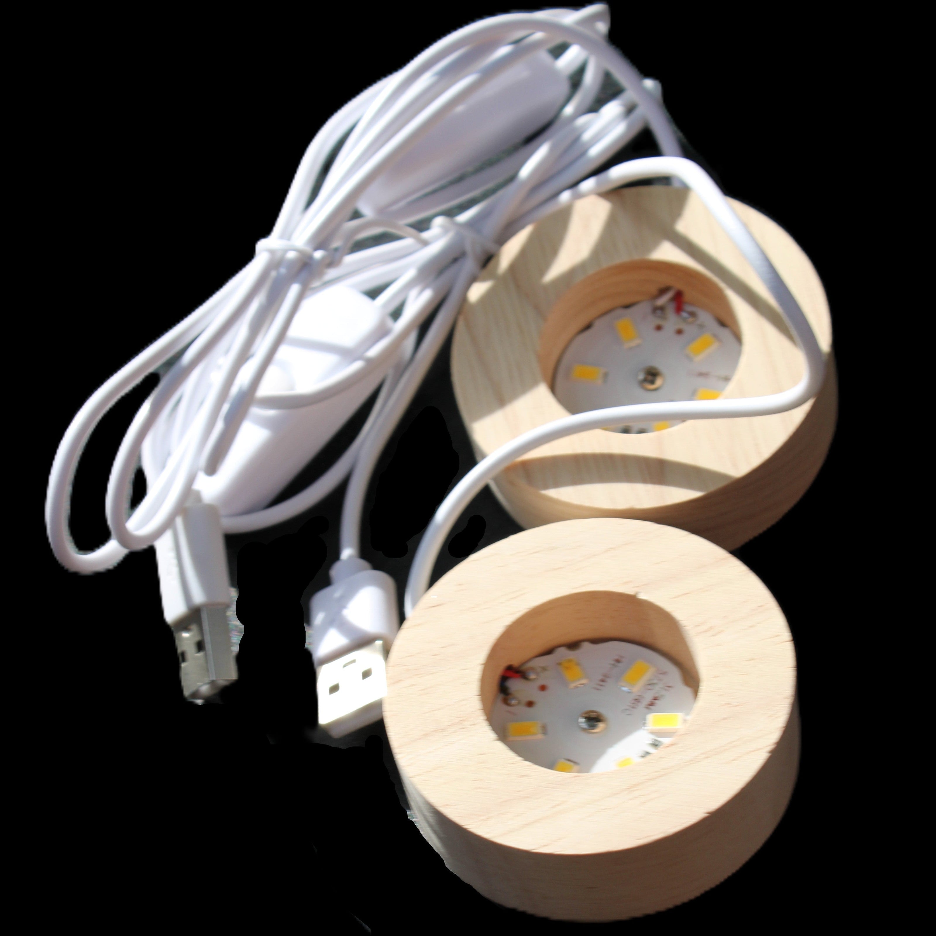 Round wooden 6 LED light base warm white 60mm USB with switch 56g in sunlight - Rocks and Things Store
