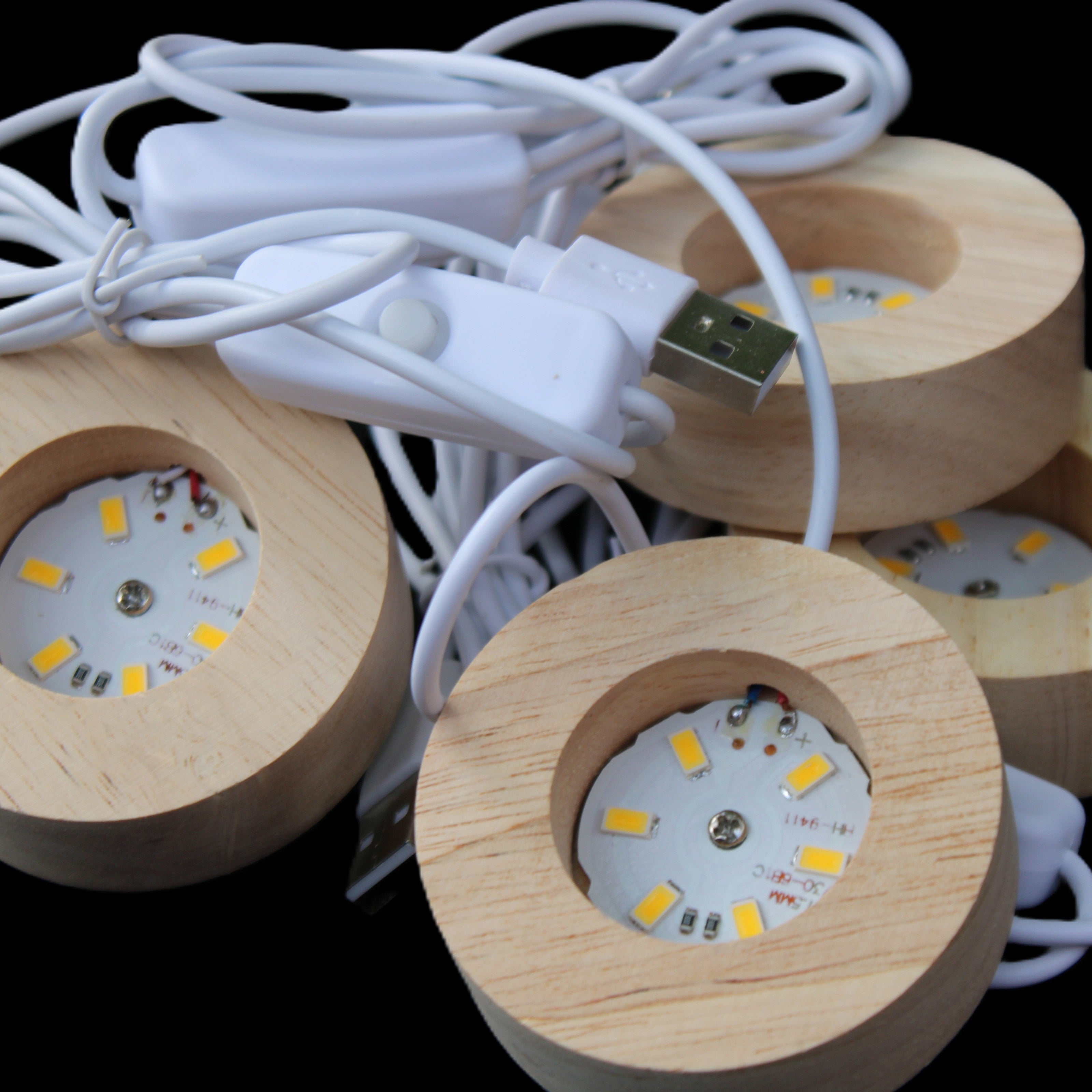 Round wooden 6 LED light base warm white 60mm USB with switch 56g in sunlight - Rocks and Things Store
