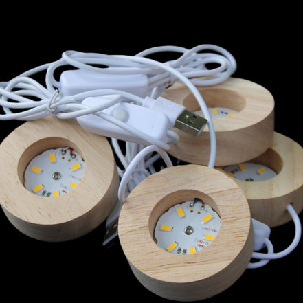 Round wooden 6 LED light base warm white 60mm USB with switch 56g in sunlight - Rocks and Things Store