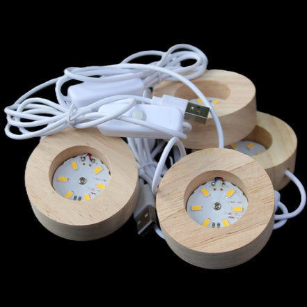 Round wooden 6 LED light base warm white 60mm USB with switch 56g in sunlight - Rocks and Things Store