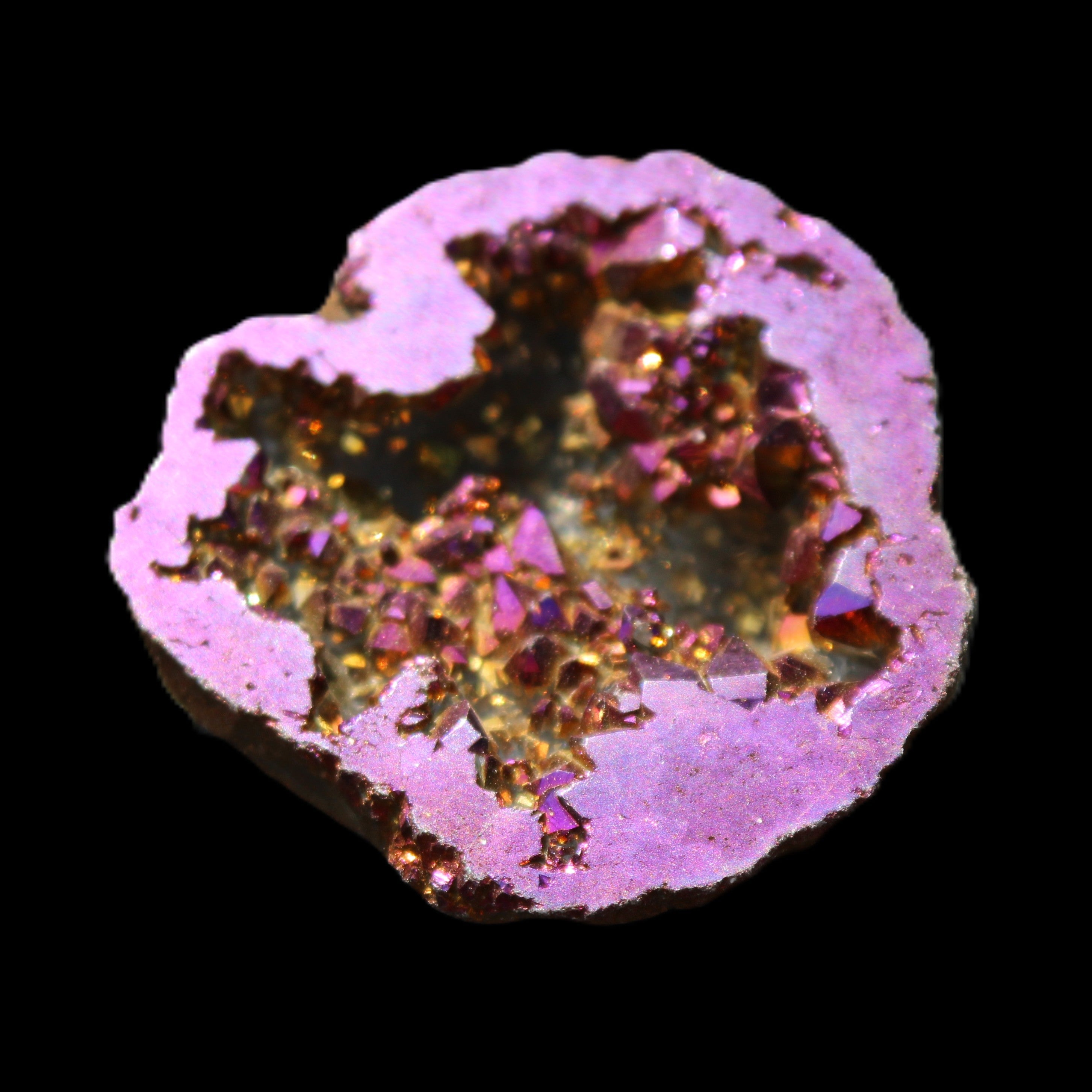 Electric Purple Agate electroplated geode 30mm 7-8g in sunlight - Rocks and Things Store