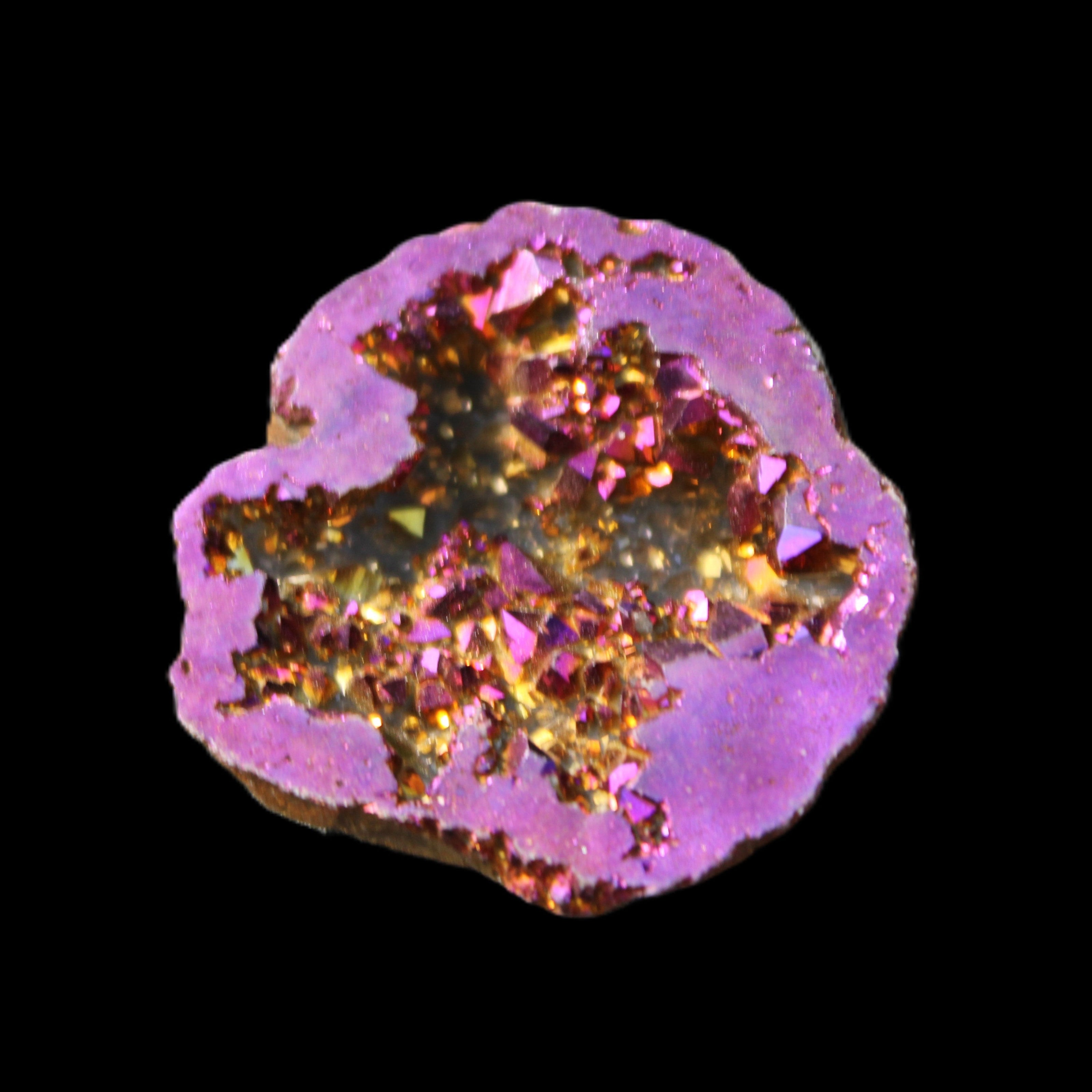 Electric Purple Agate electroplated geode 30mm 7-8g in sunlight - Rocks and Things Store