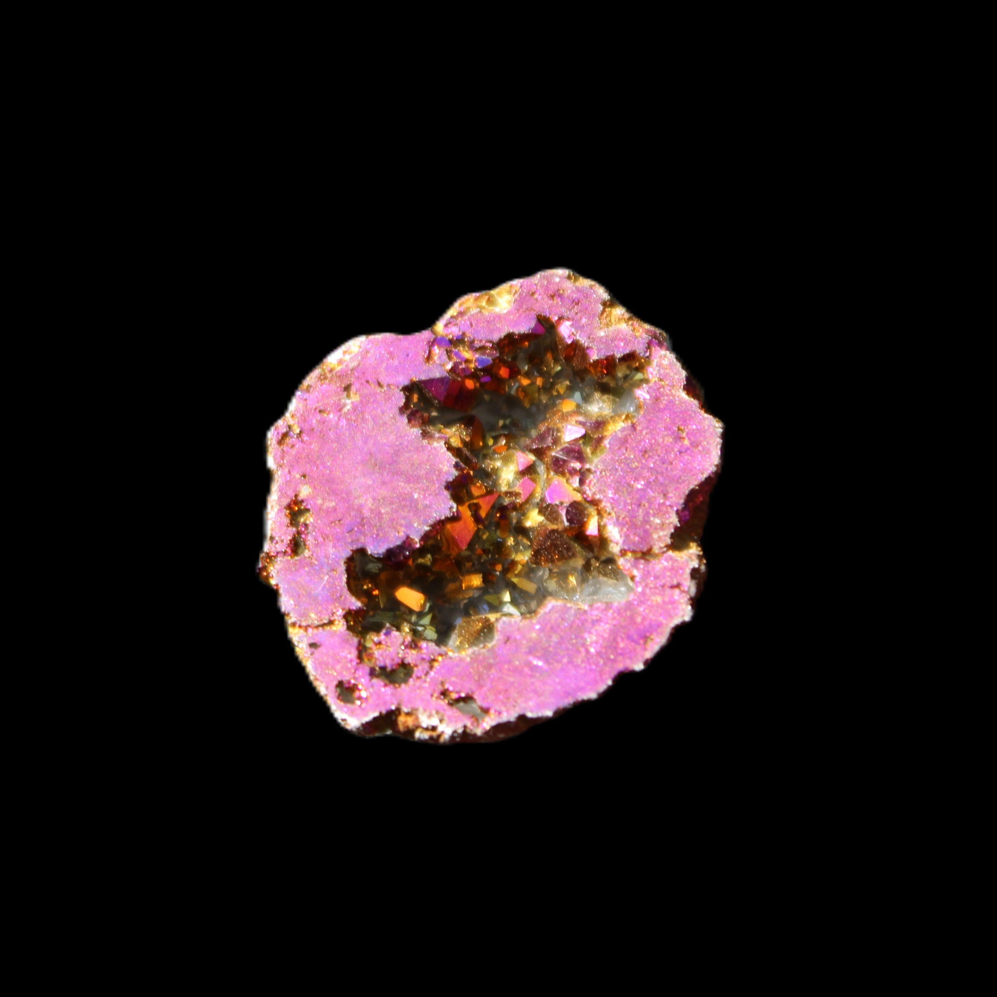 Electric Purple Agate electroplated geode 30mm 7-8g in sunlight - Rocks and Things Store