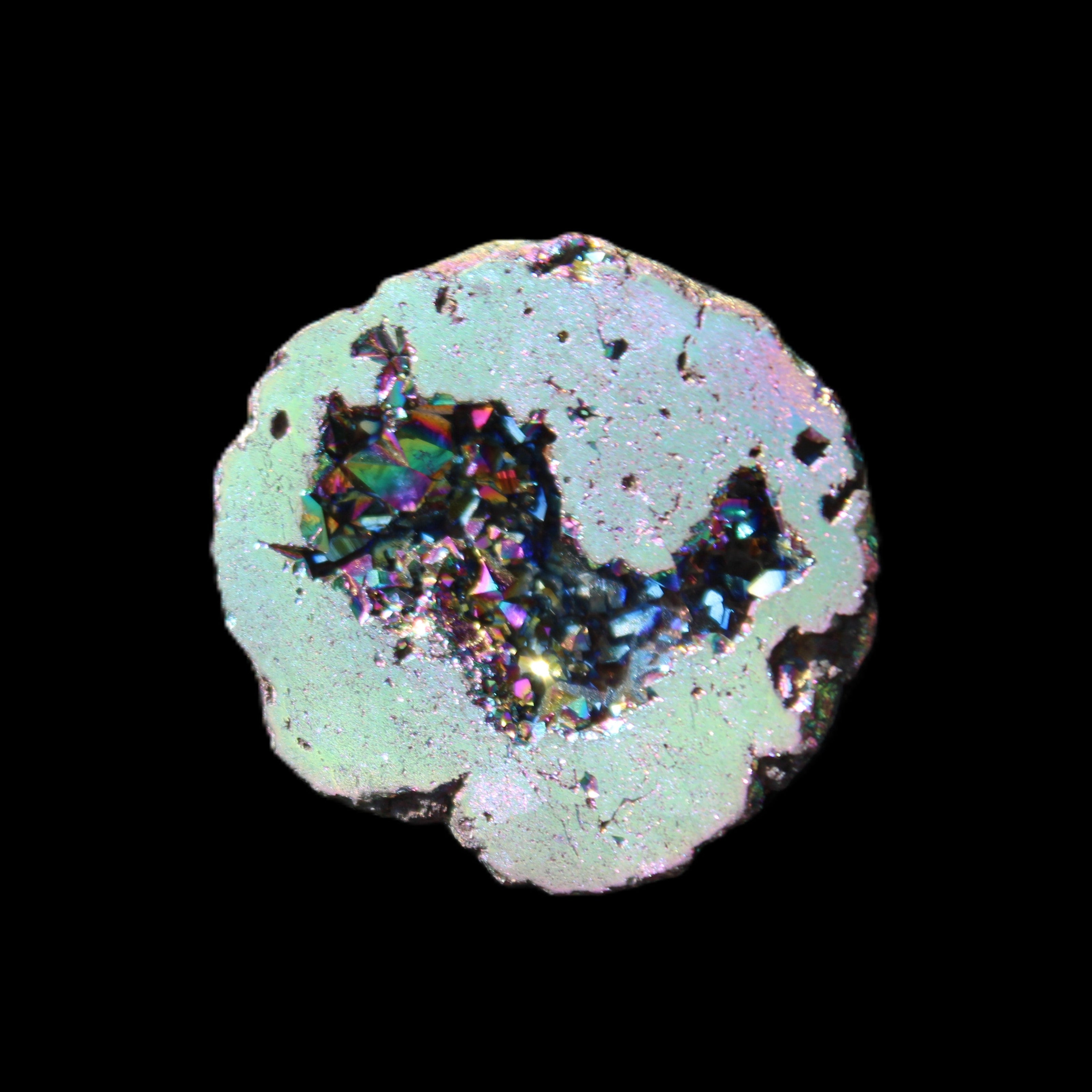 Electric Green Agate electroplated geode 30mm 10.9g in sunlight - Rocks and Things Store