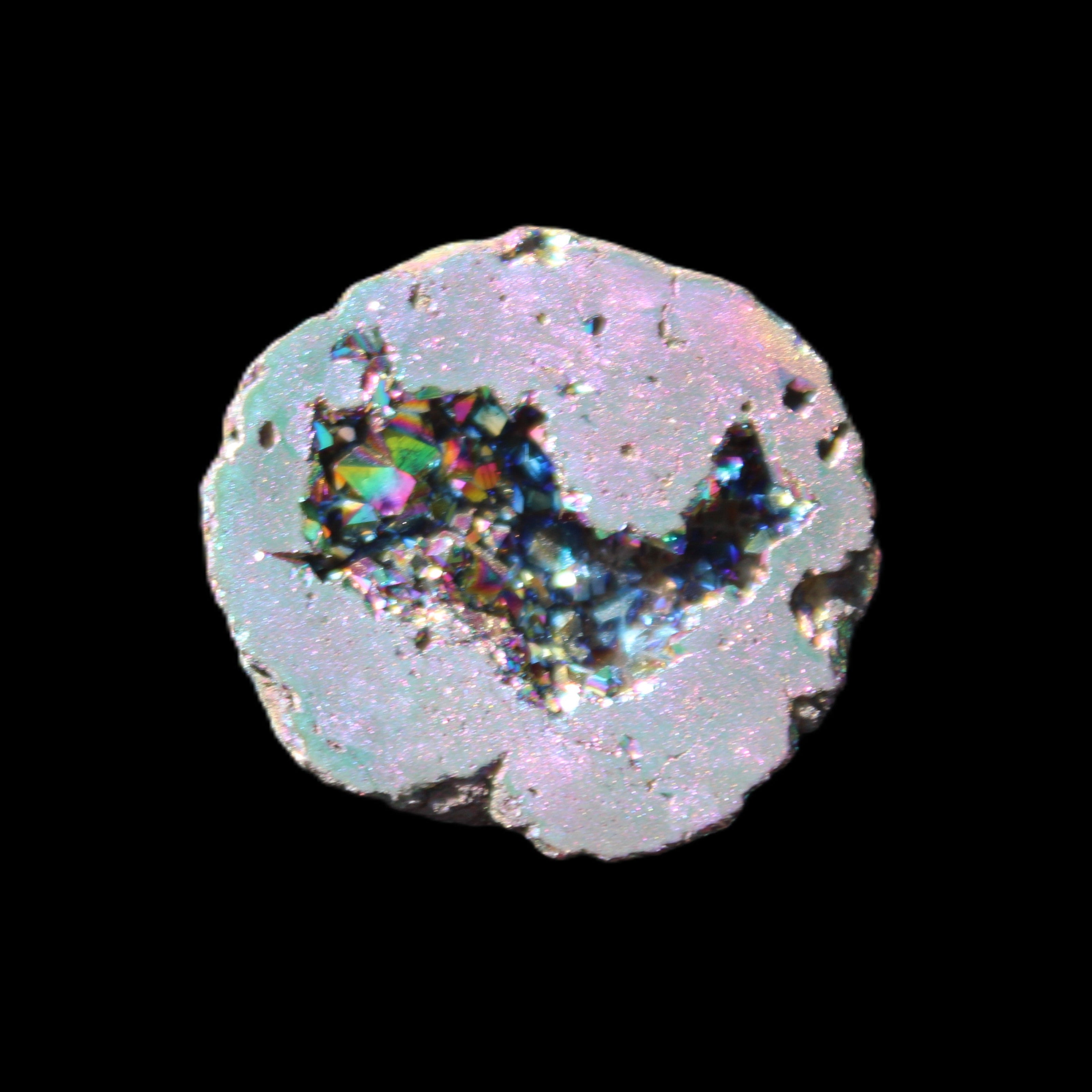 Electric Green Agate electroplated geode 30mm 10.9g in sunlight - Rocks and Things Store