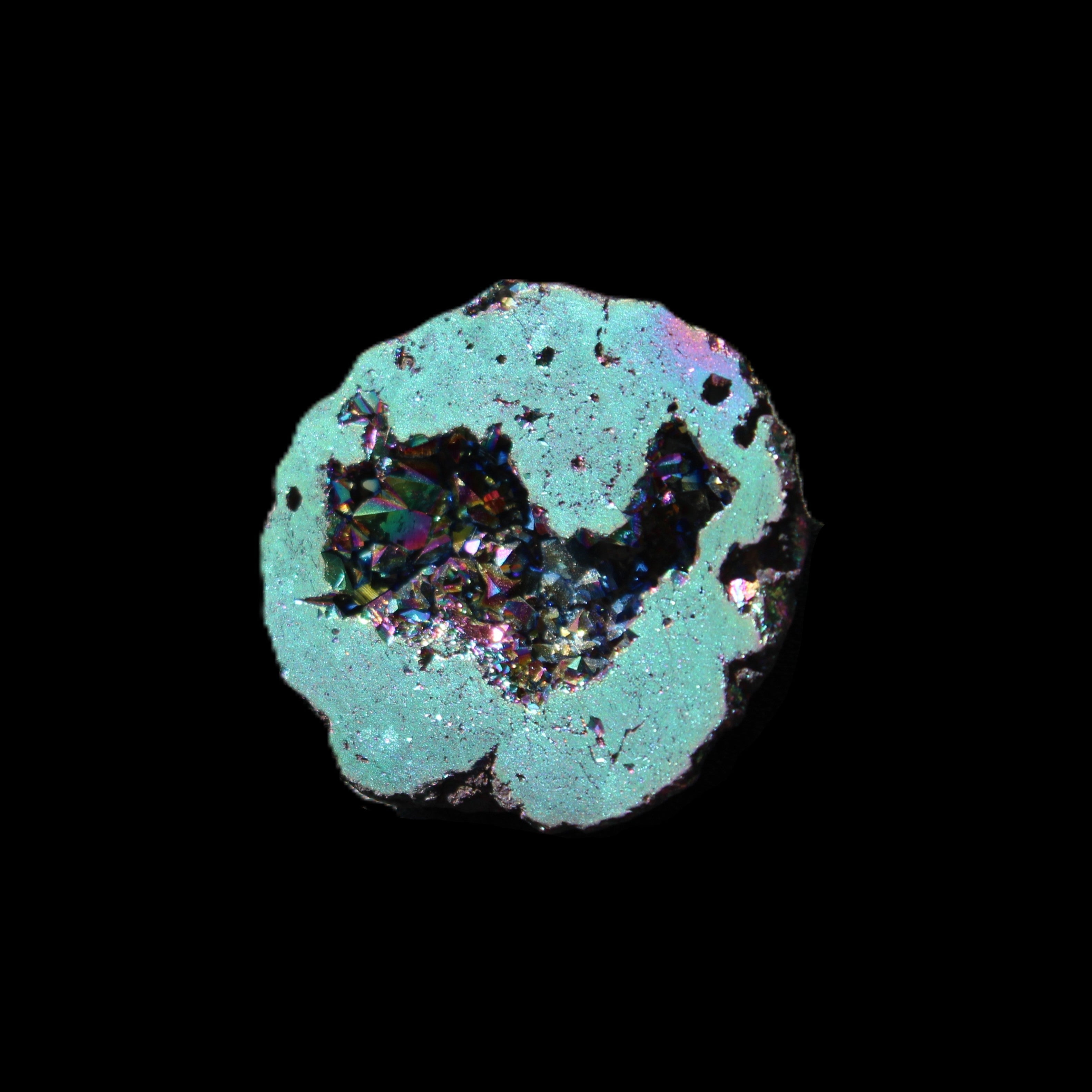 Electric Green Agate electroplated geode 30mm 10.9g in sunlight - Rocks and Things Store