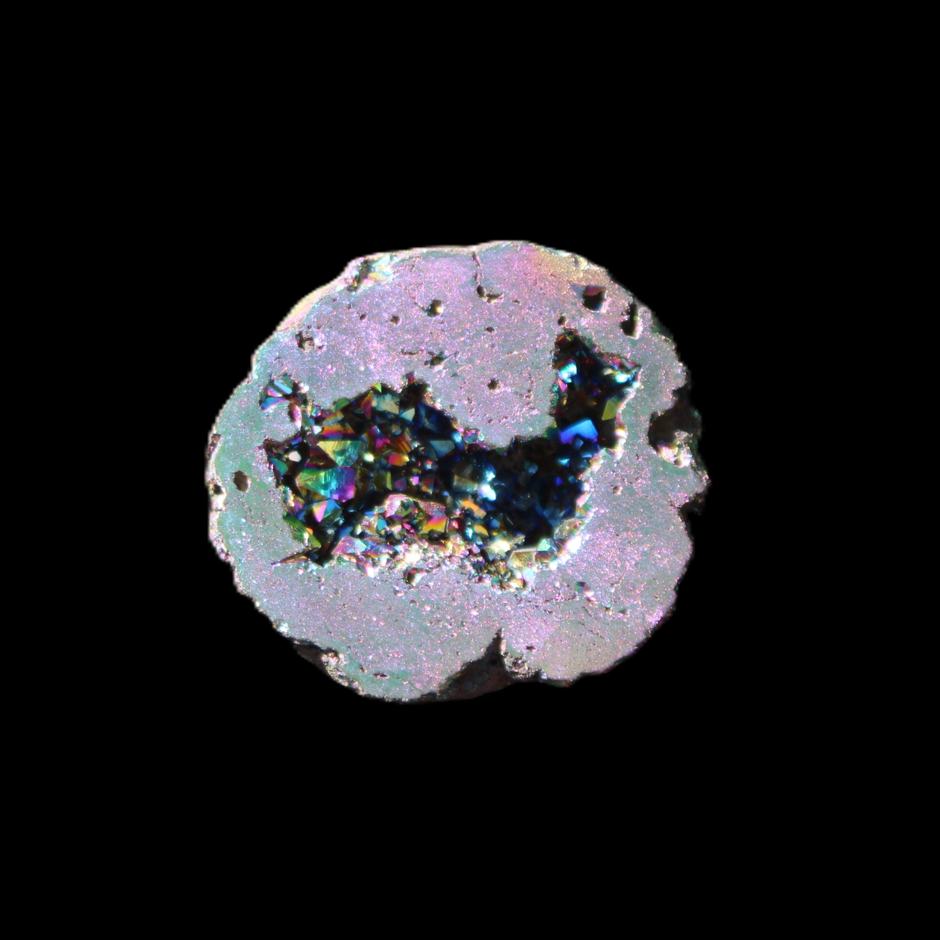 Electric Green Agate electroplated geode 30mm 10.9g in sunlight - Rocks and Things Store