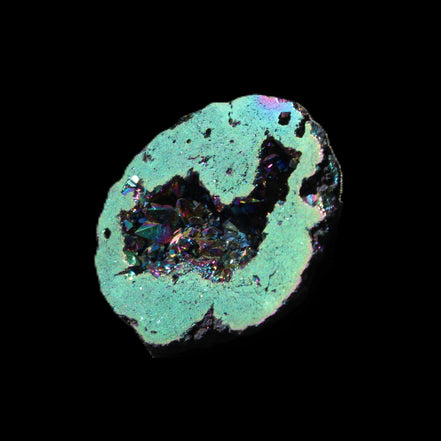 Electric Green Agate electroplated geode 30mm 10.9g in sunlight - Rocks and Things Store