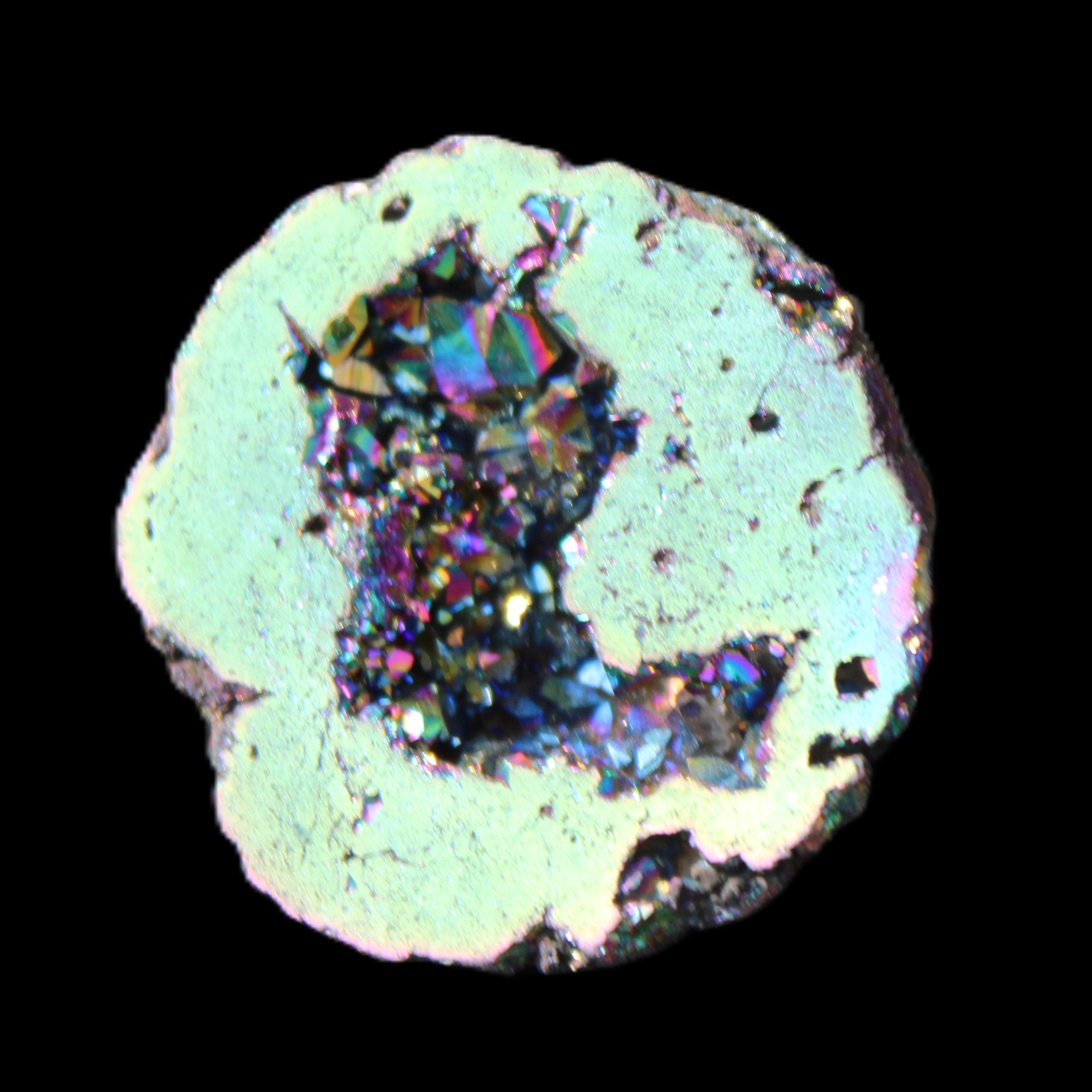 Electric Green Agate electroplated geode 30mm 10.9g in sunlight - Rocks and Things Store