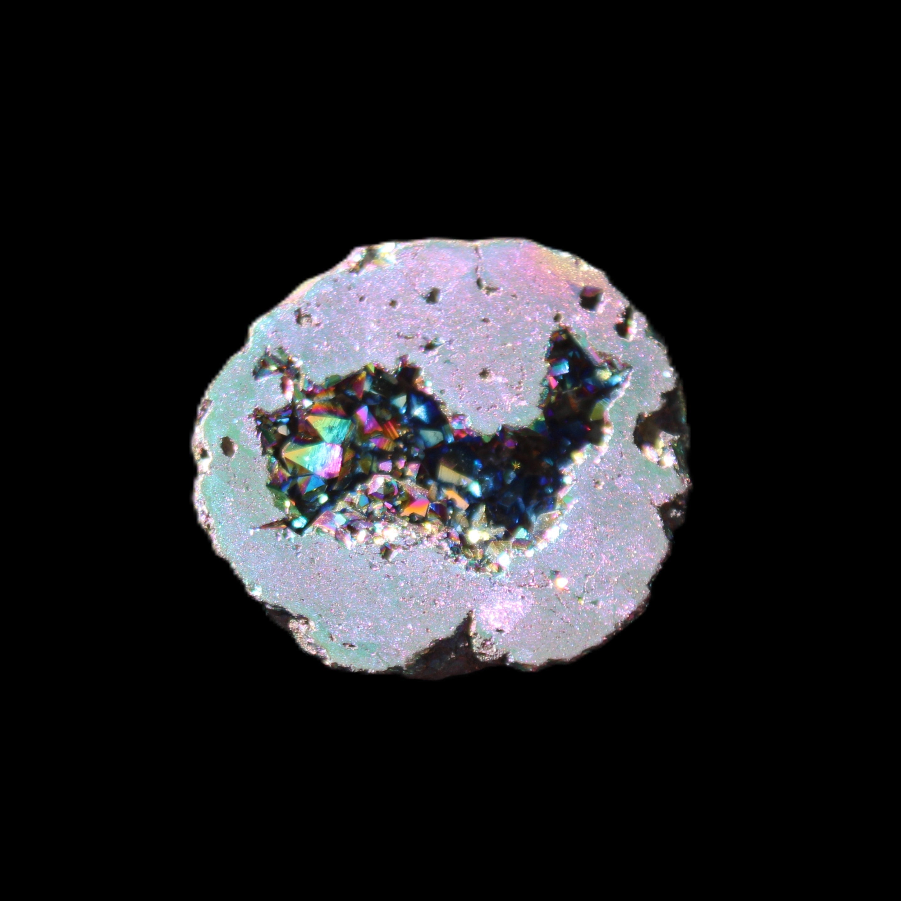 Electric Green Agate electroplated geode 30mm 10.9g in sunlight - Rocks and Things Store