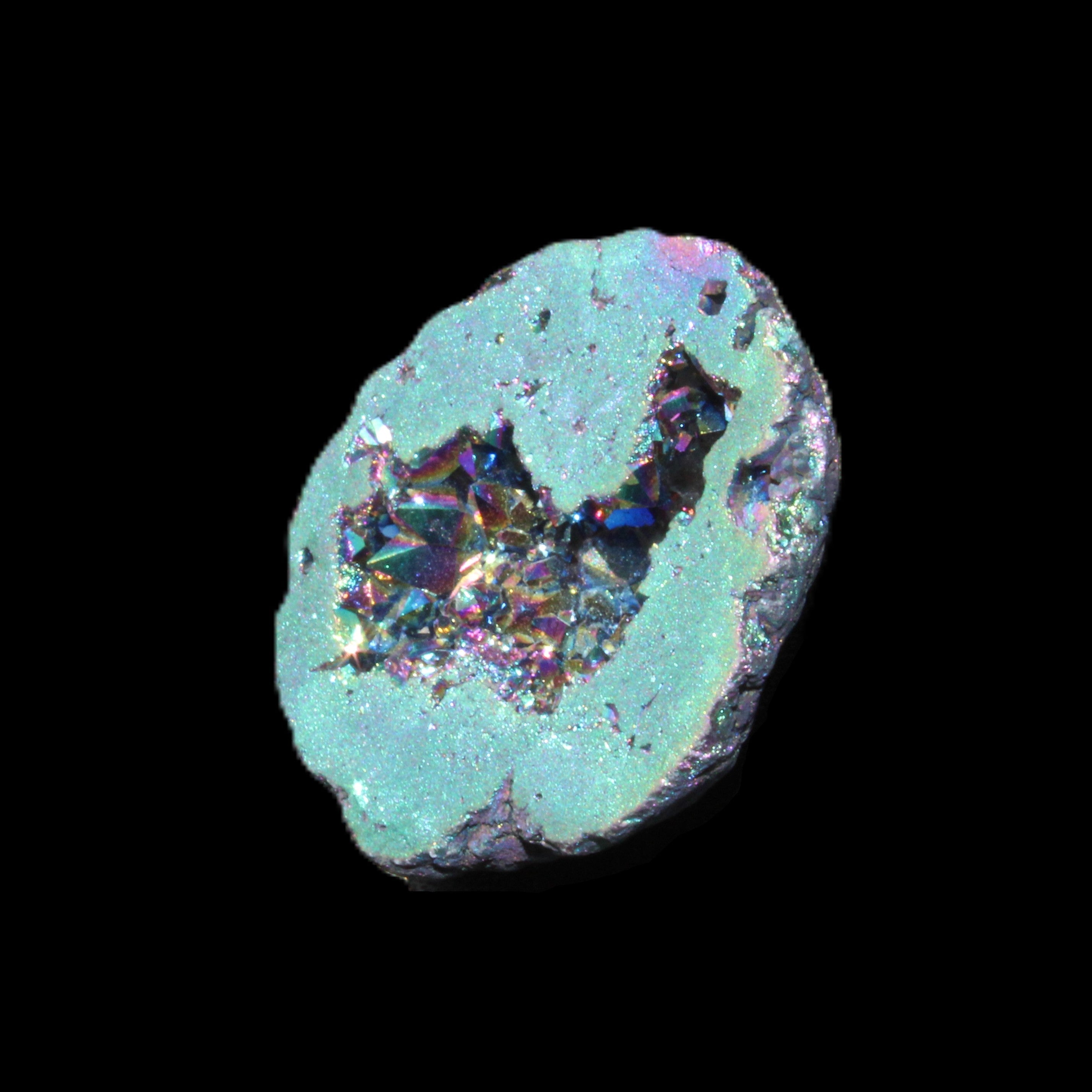 Electric Green Agate electroplated geode 30mm 10.9g in sunlight - Rocks and Things Store