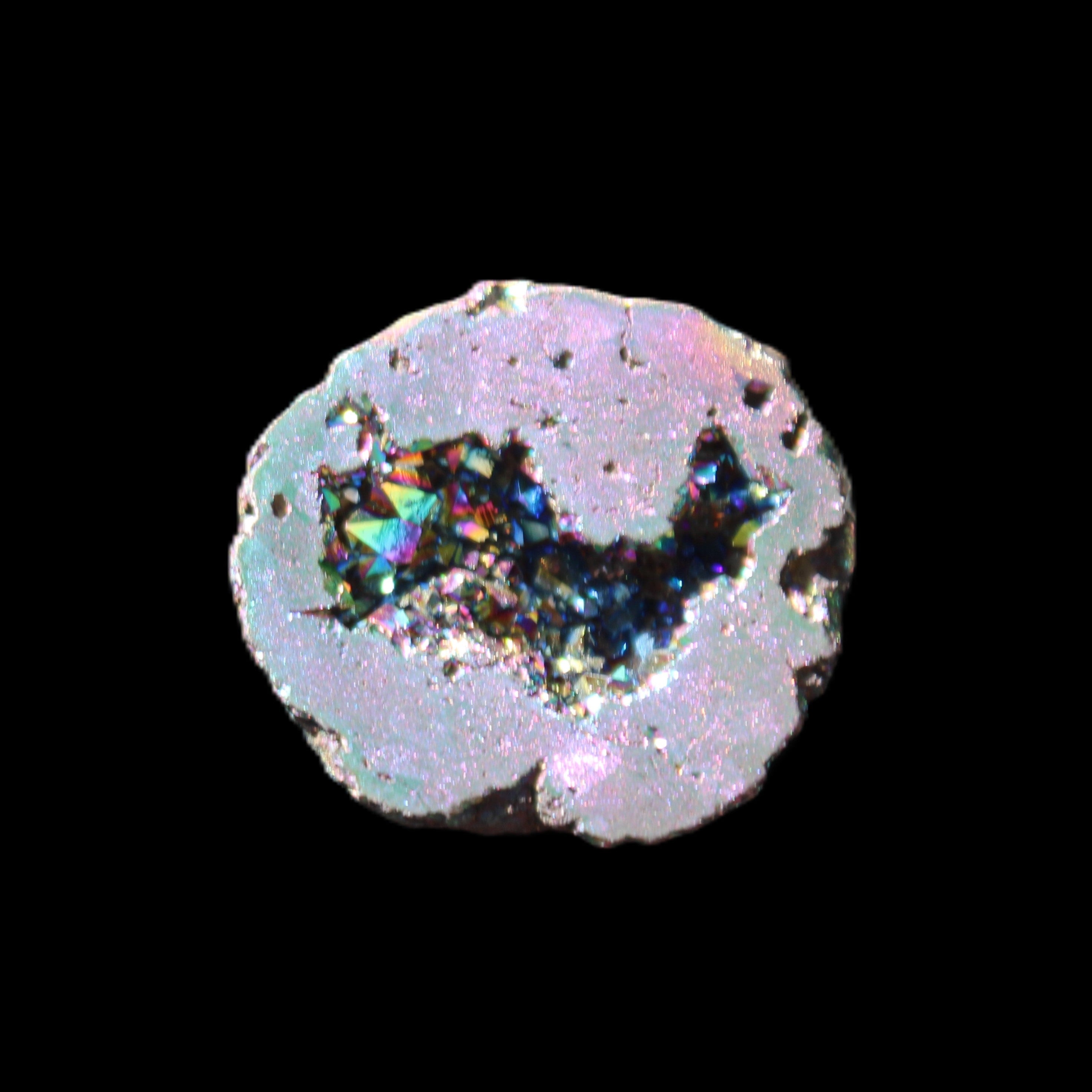 Electric Green Agate electroplated geode 30mm 10.9g in sunlight - Rocks and Things Store