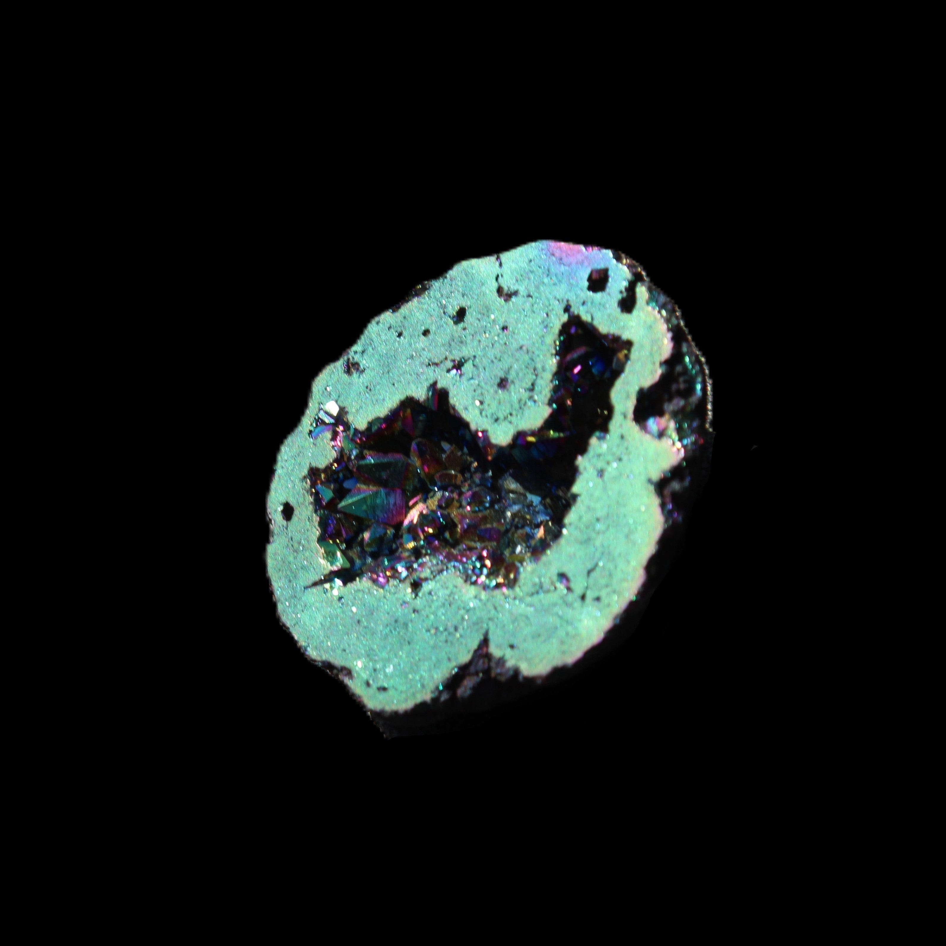 Electric Green Agate electroplated geode 30mm 10.9g in sunlight - Rocks and Things Store