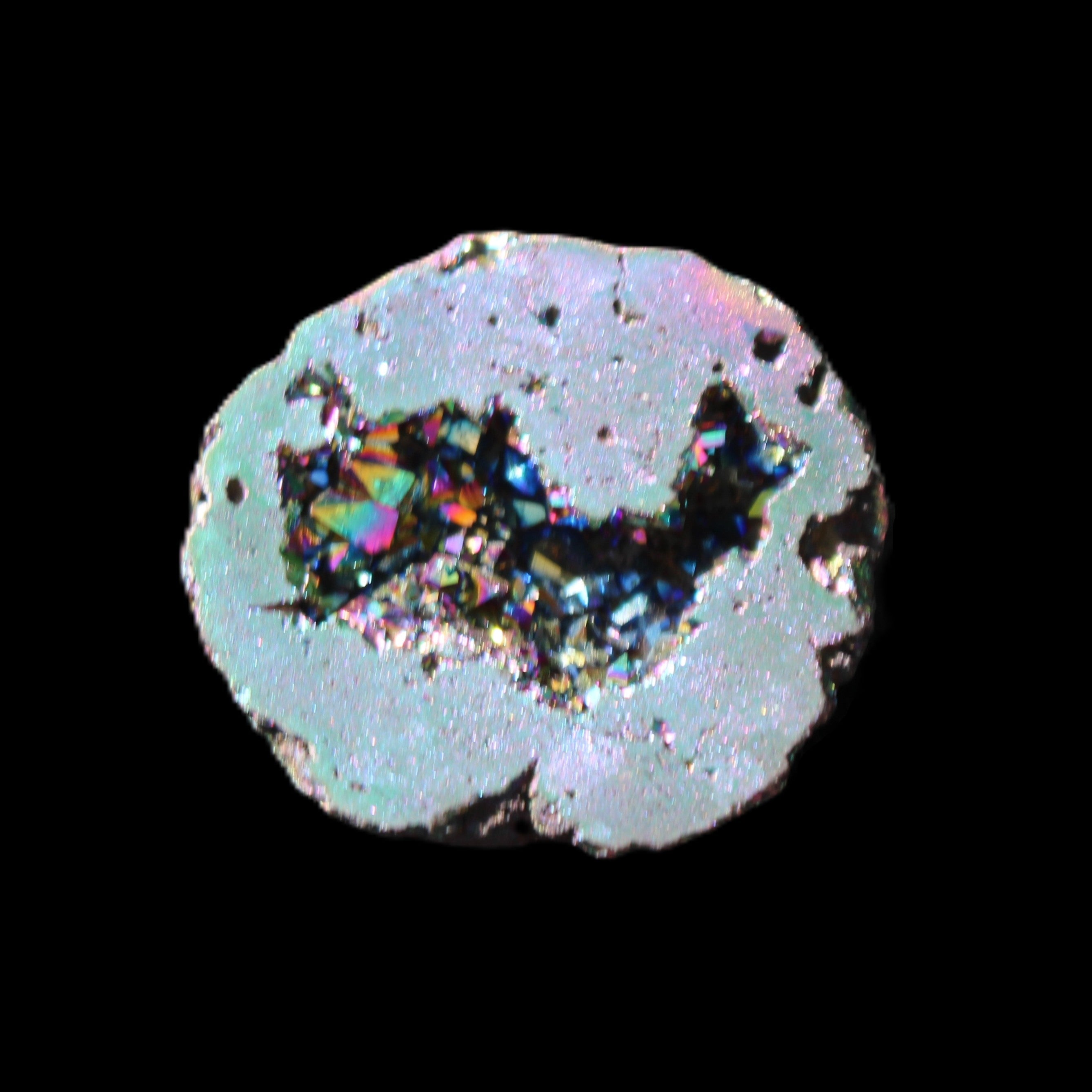 Electric Green Agate electroplated geode 30mm 10.9g in sunlight - Rocks and Things Store