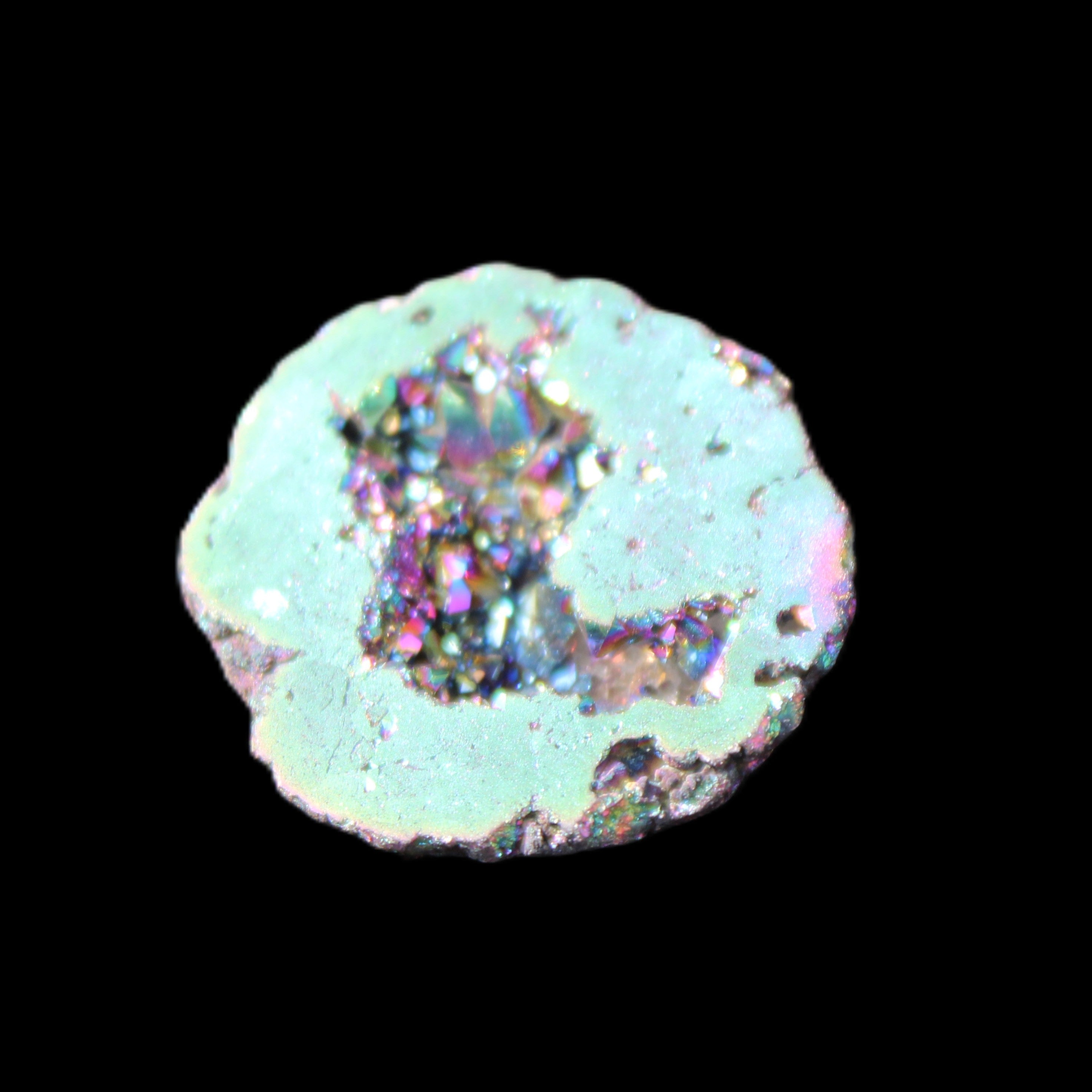 Electric Green Agate electroplated geode 30mm 10.9g in sunlight - Rocks and Things Store