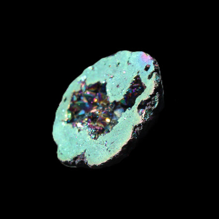 Electric Green Agate electroplated geode 30mm 10.9g in sunlight - Rocks and Things Store