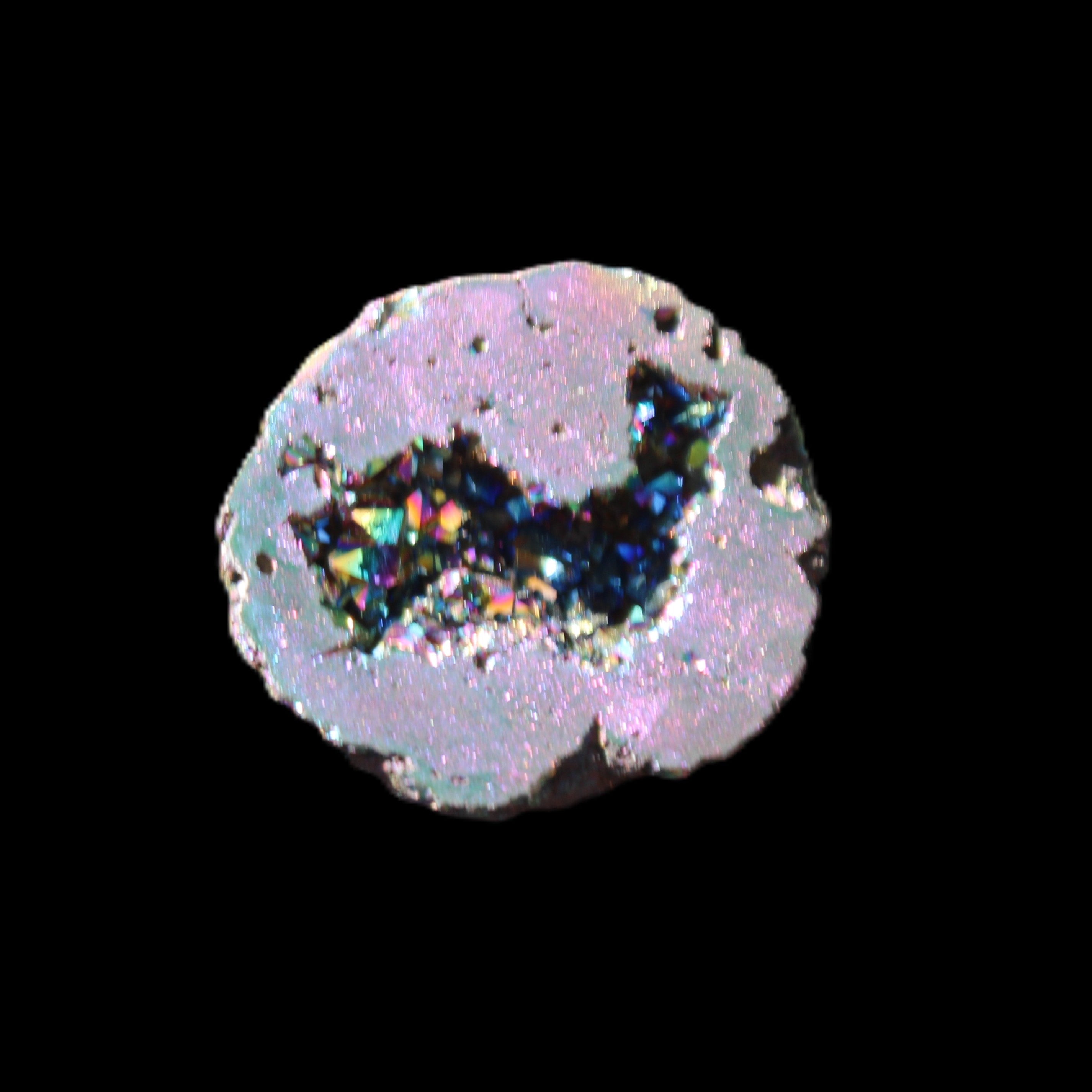 Electric Green Agate electroplated geode 30mm 10.9g in sunlight - Rocks and Things Store