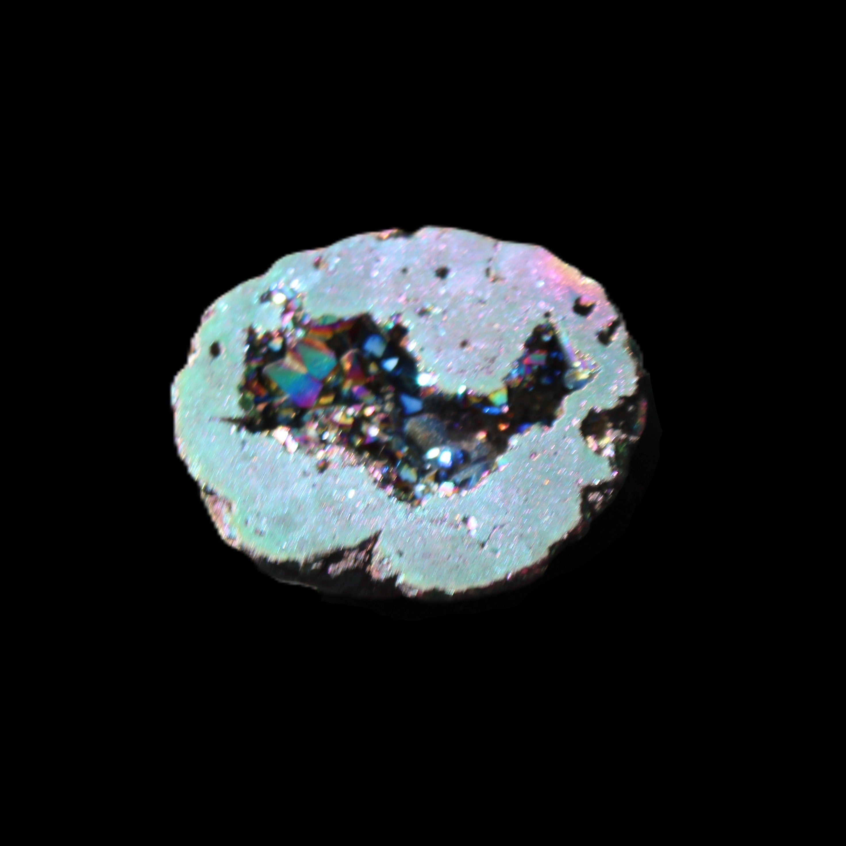 Electric Green Agate electroplated geode 30mm 10.9g in sunlight - Rocks and Things Store