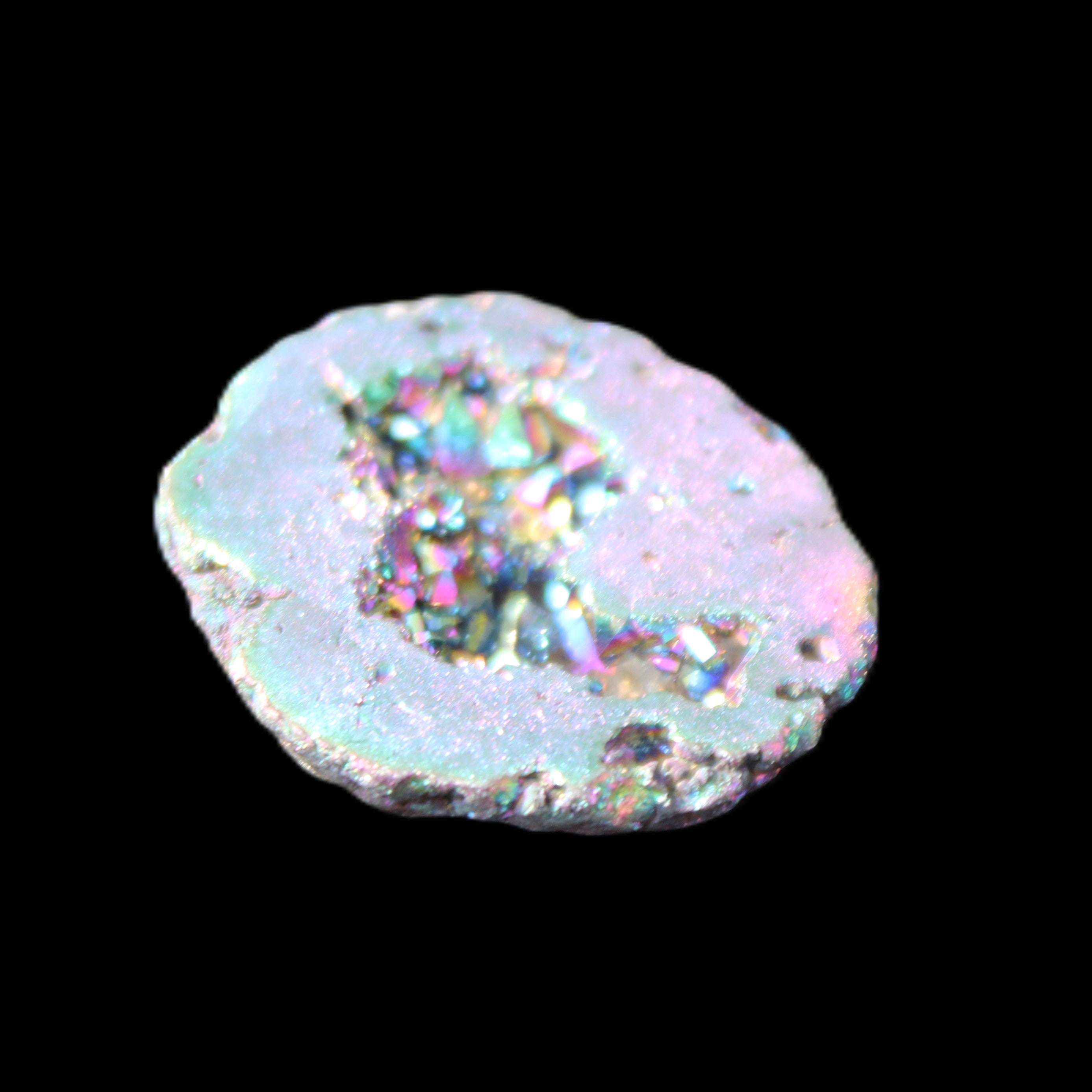 Electric Green Agate electroplated geode 30mm 10.9g in sunlight - Rocks and Things Store